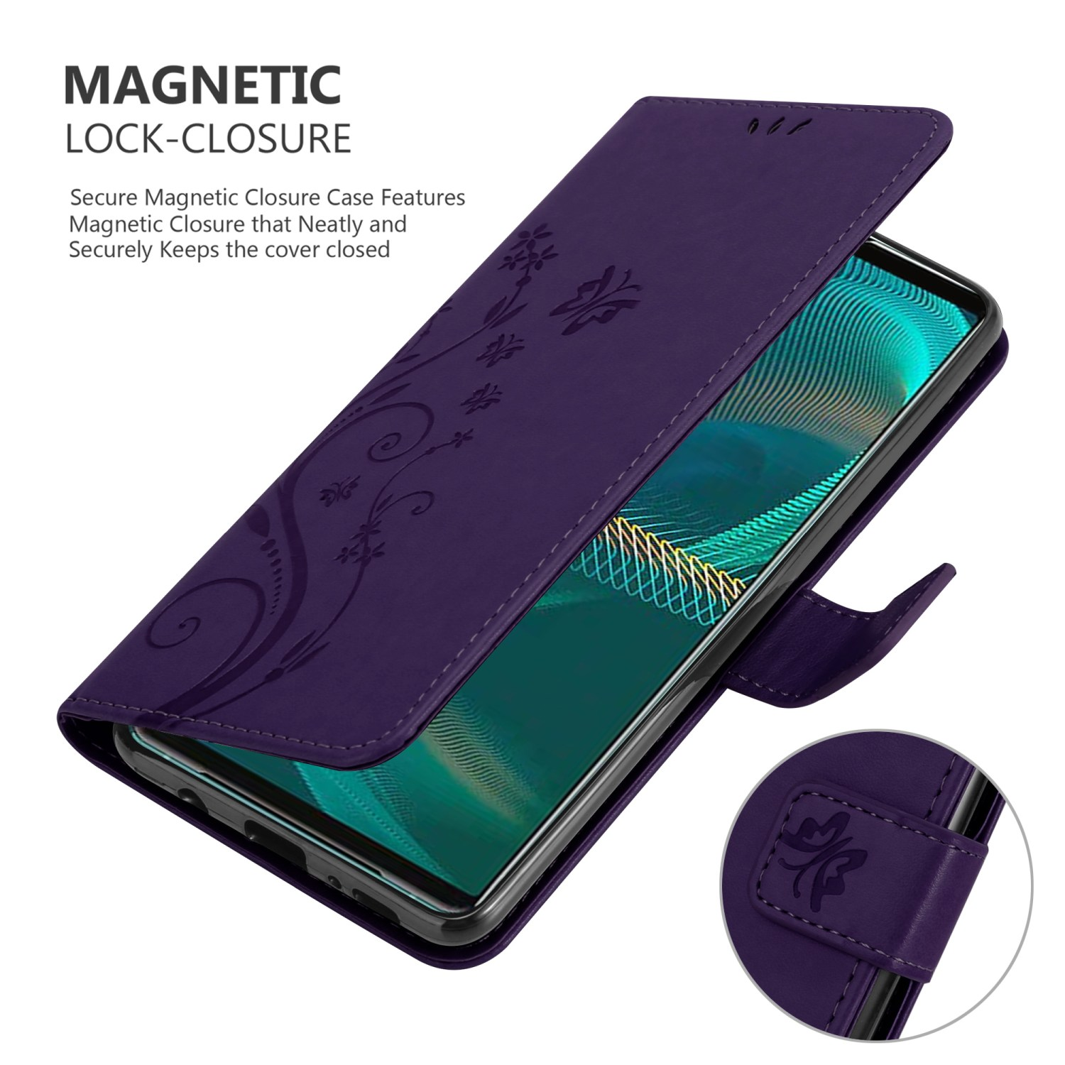 Custodia viola per telefono, design floreale, aperta, telefono visibile. Testo: Chiusura magnetica.