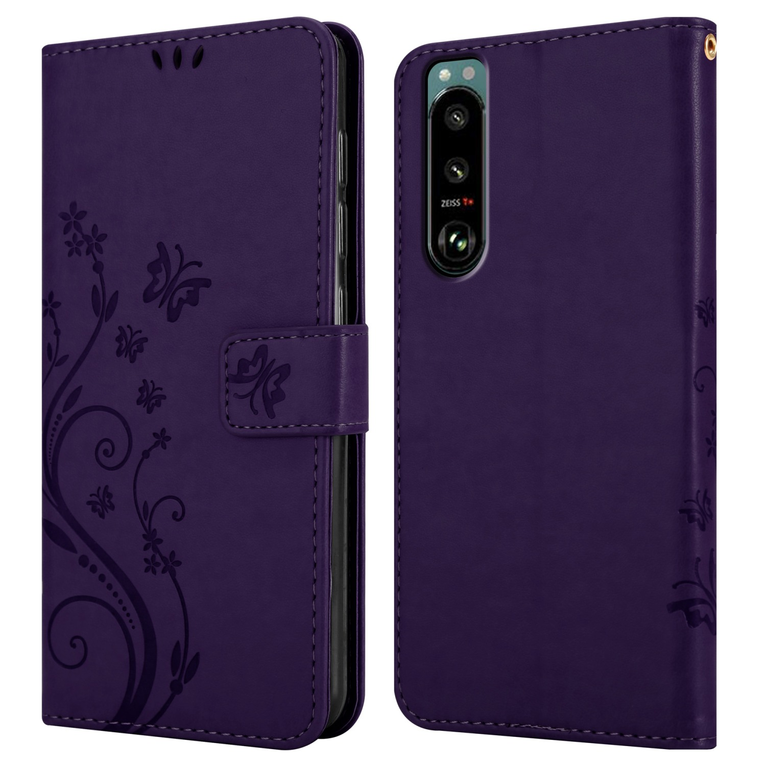Custodia per telefono viola, telefono all'interno. Design floreale sulla custodia. Due parti aperte.
