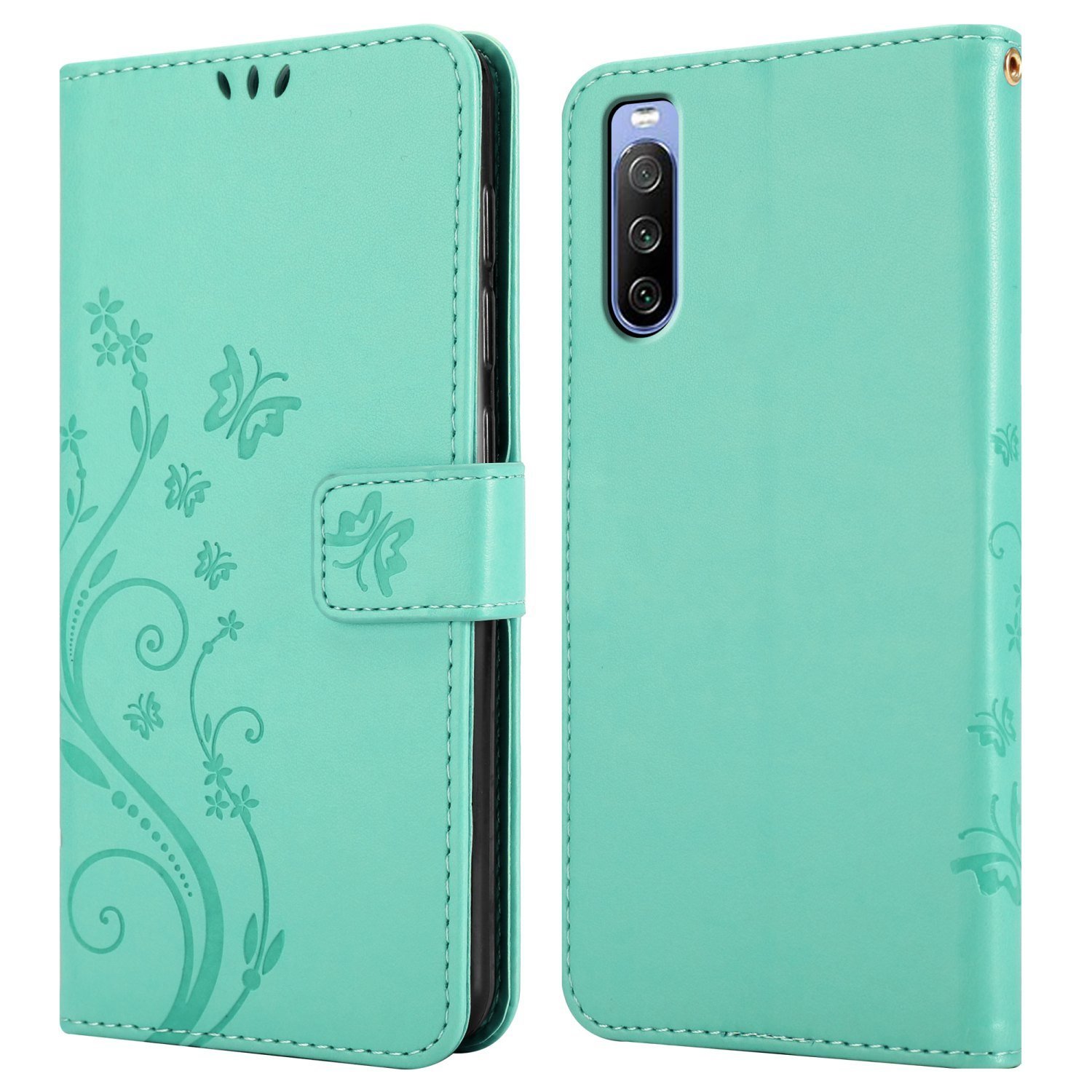 Una custodia per telefono verde menta con un design a farfalla, aperta e chiusa. Il telefono ha tre fotocamere.