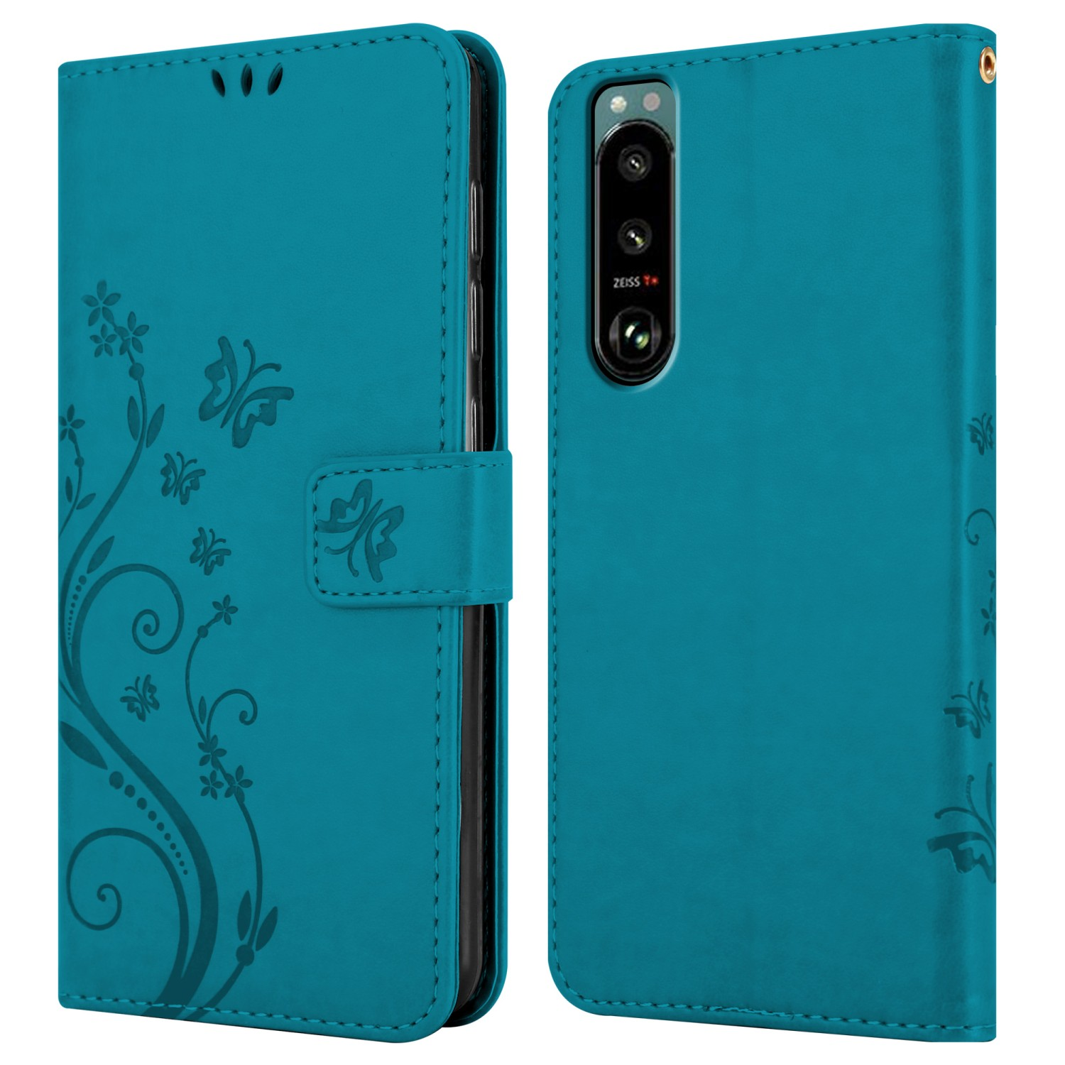 Custodia per telefono verde acqua con design floreale. La custodia è aperta, mostrando la fotocamera del telefono.