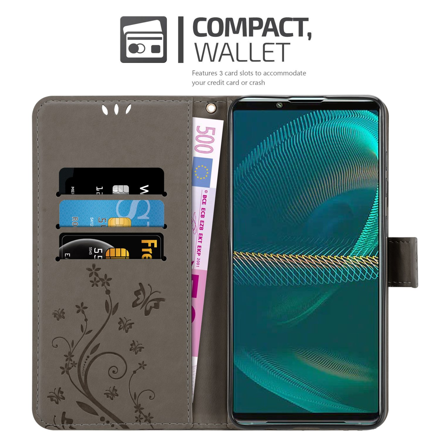 Custodia a portafoglio grigia con telefono, denaro e carte. Testo: Portafoglio compatto. Design floreale a sinistra.