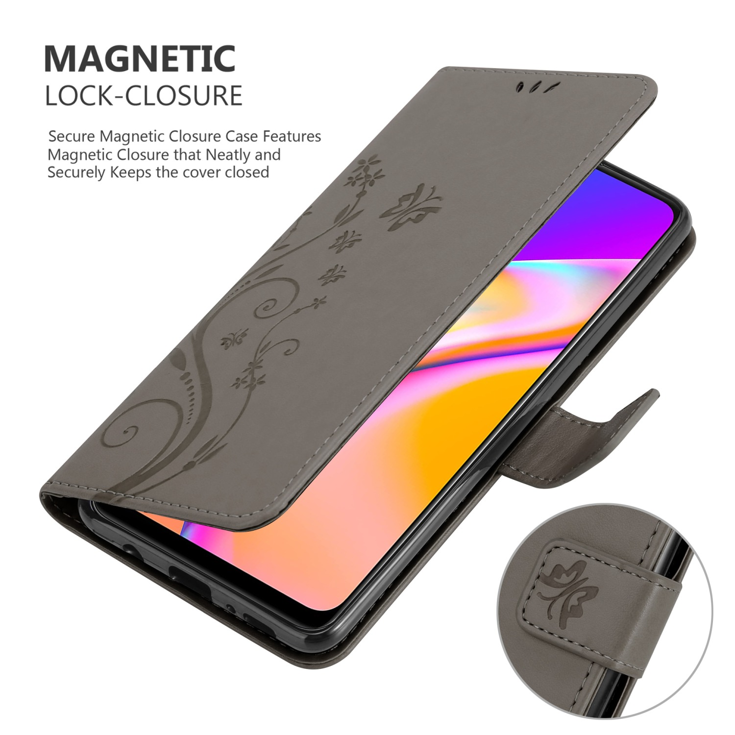 Custodia grigia per telefono con design floreale, aperta per rivelare il telefono. Dettaglio chiusura magnetica.