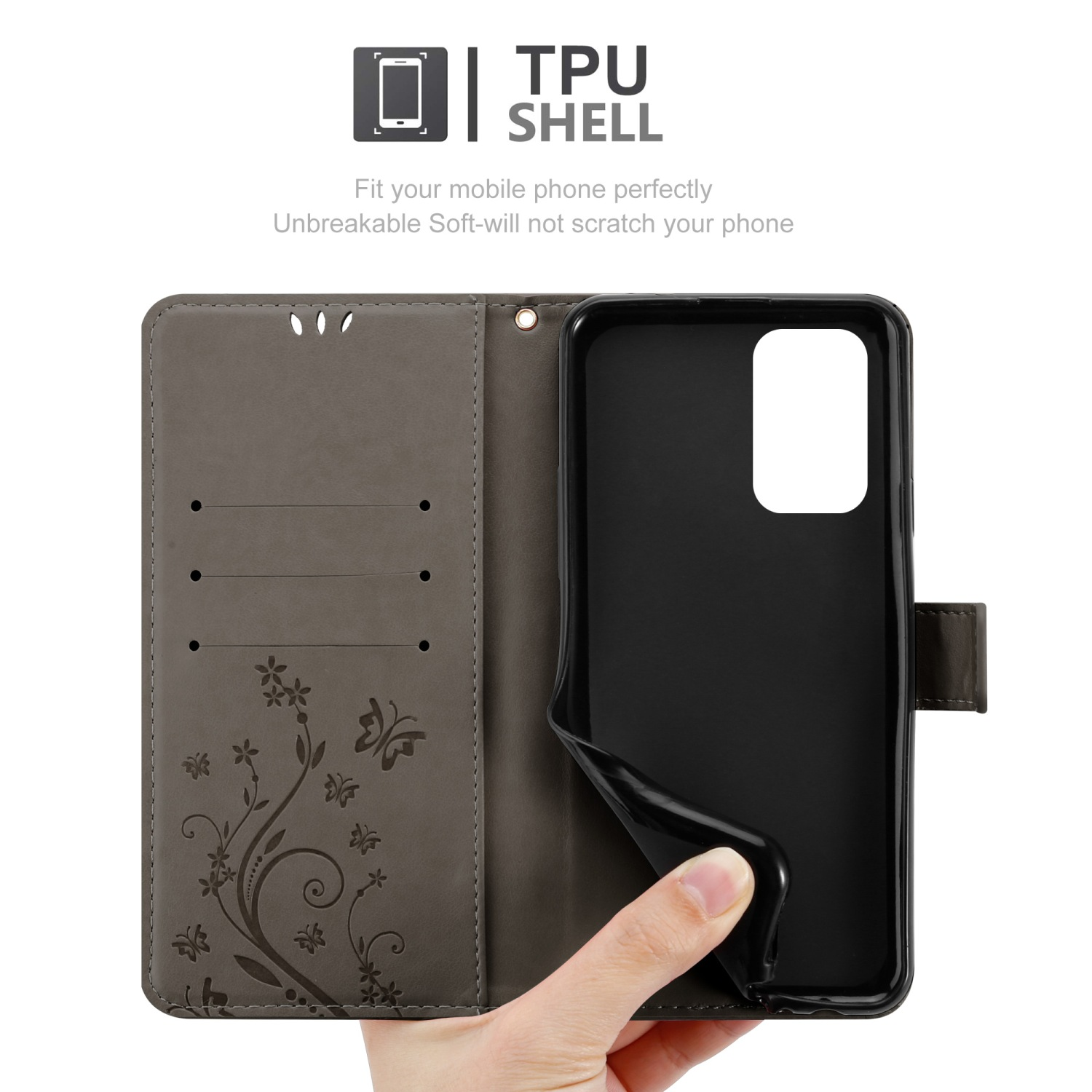 Custodia per telefono grigia aperta, telefono dentro. Testo: TPU SHELL. Fiori e farfalle.