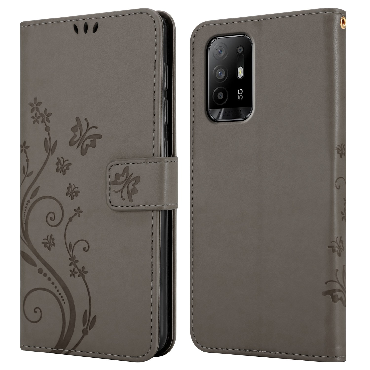 Custodia del telefono grigia aperta, design floreale. Telefono nella custodia. Testo: Protezione dalle cadute.