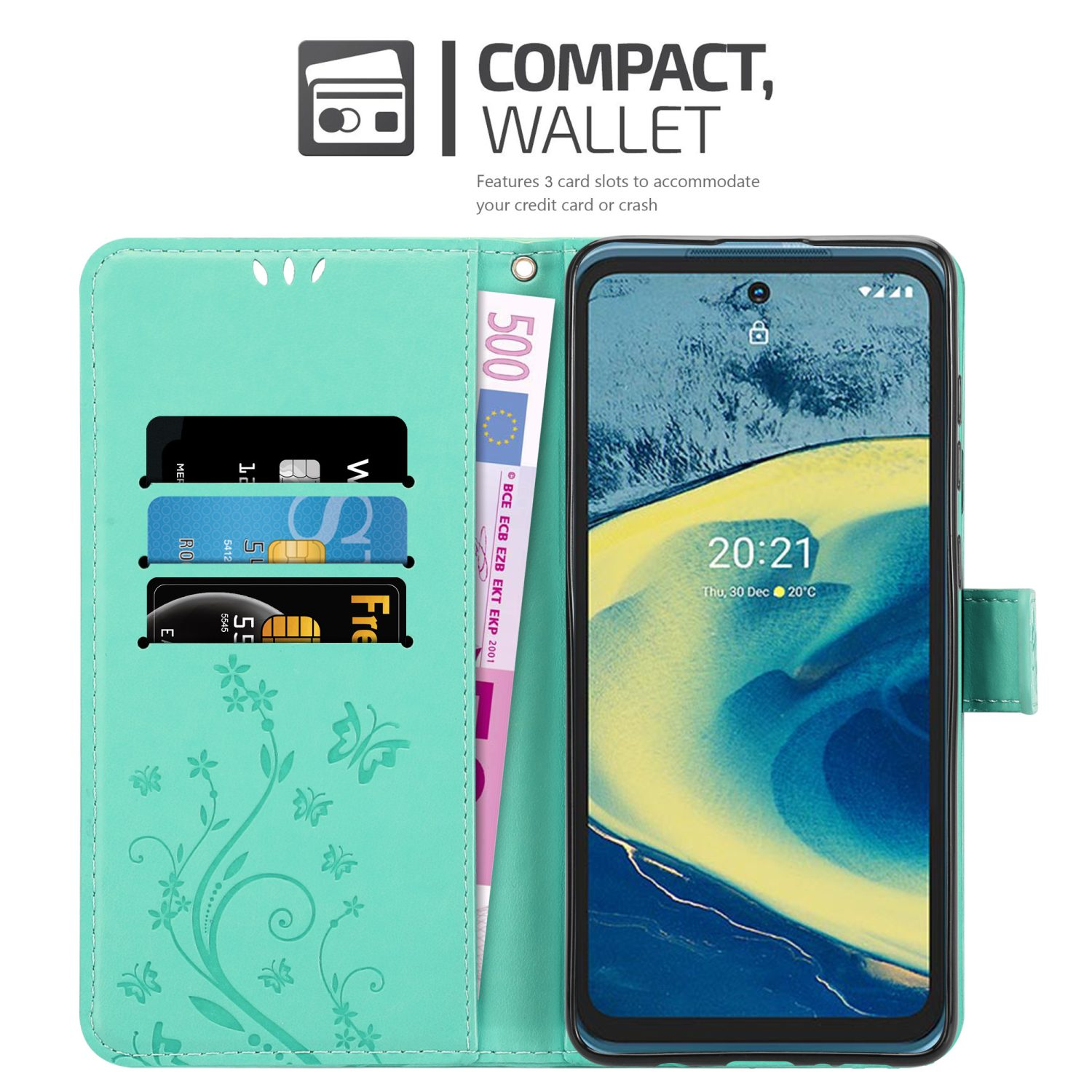 Custodia a portafoglio compatta aperta con telefono, denaro e carte. Colore verde menta.
