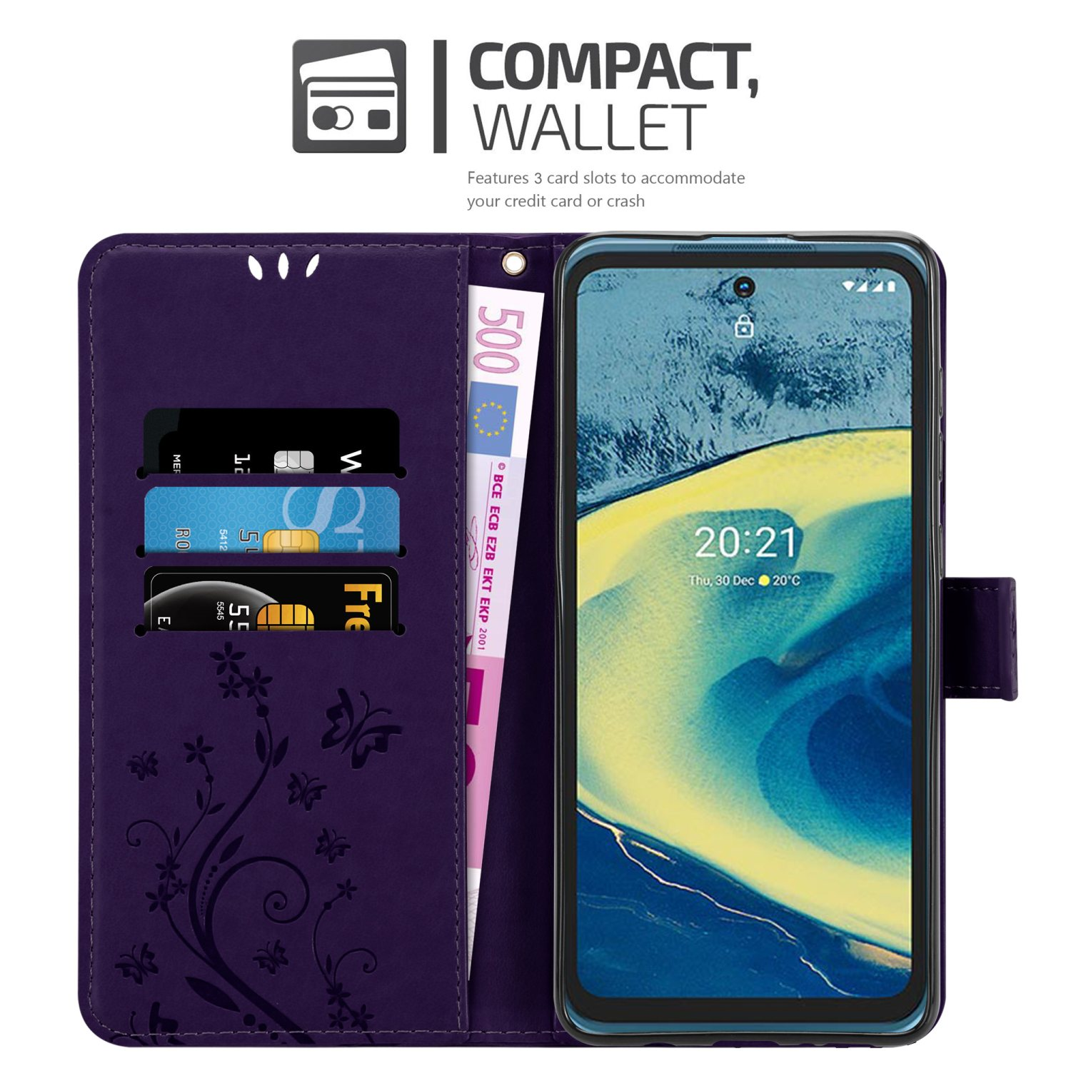 Custodia a portafoglio viola aperta, con carte, contanti e telefono.