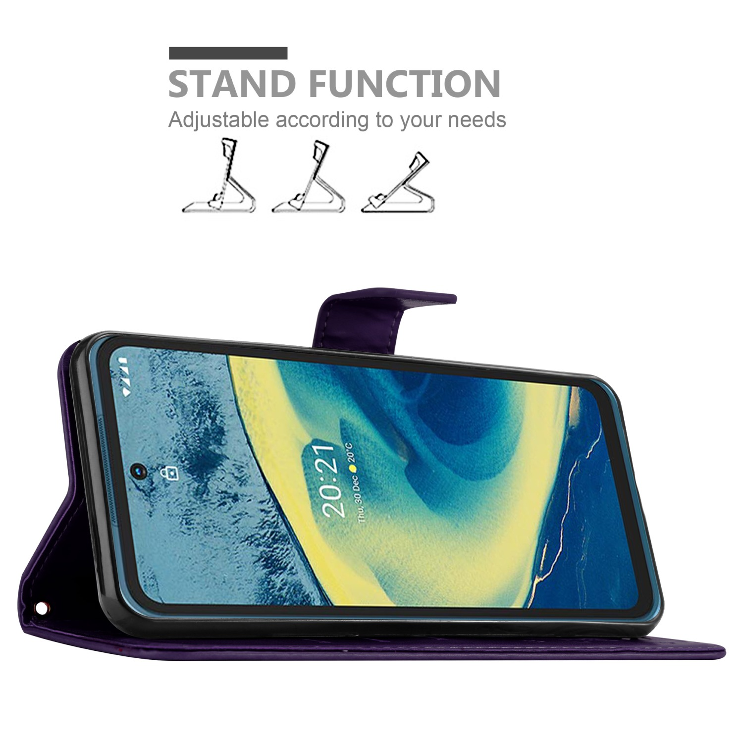 Custodia per telefono viola con funzione stand. Il telefono mostra l'ora e la data sullo schermo. Supporto sullo sfondo.