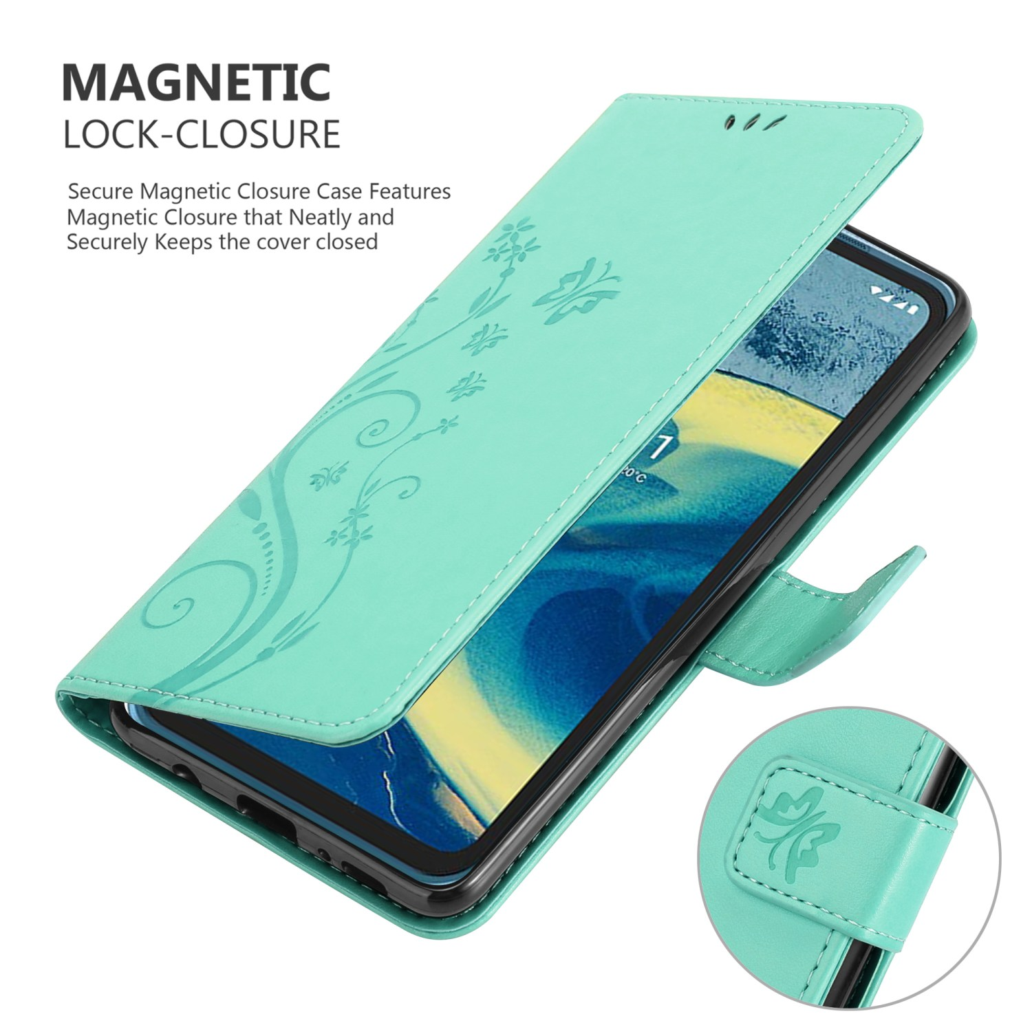 Custodia verde menta per telefono con un design floreale. La custodia è aperta, mostrando il telefono.