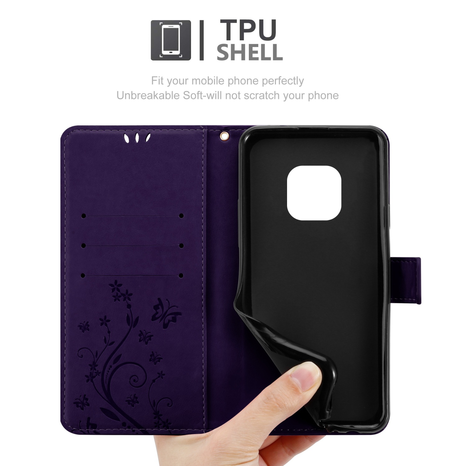 Custodia viola con telefono nero. Mano tiene aperta la custodia.