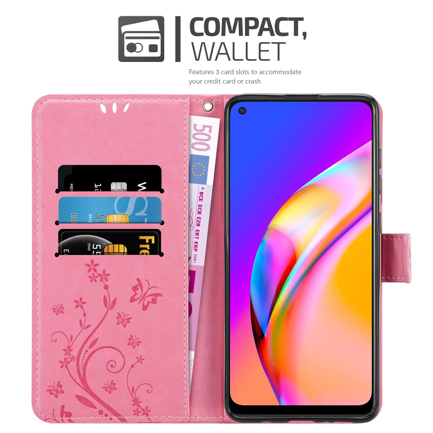 Custodia rosa con carte e telefono. Ha un design floreale e uno schermo del telefono visibile.
