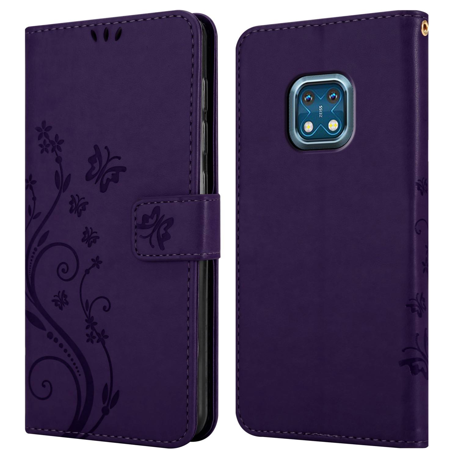 Custodia per telefono viola, aperta e chiusa. Design floreale. Testo: Chiusura magnetica, Custodia con chiusura magnetica sicura.