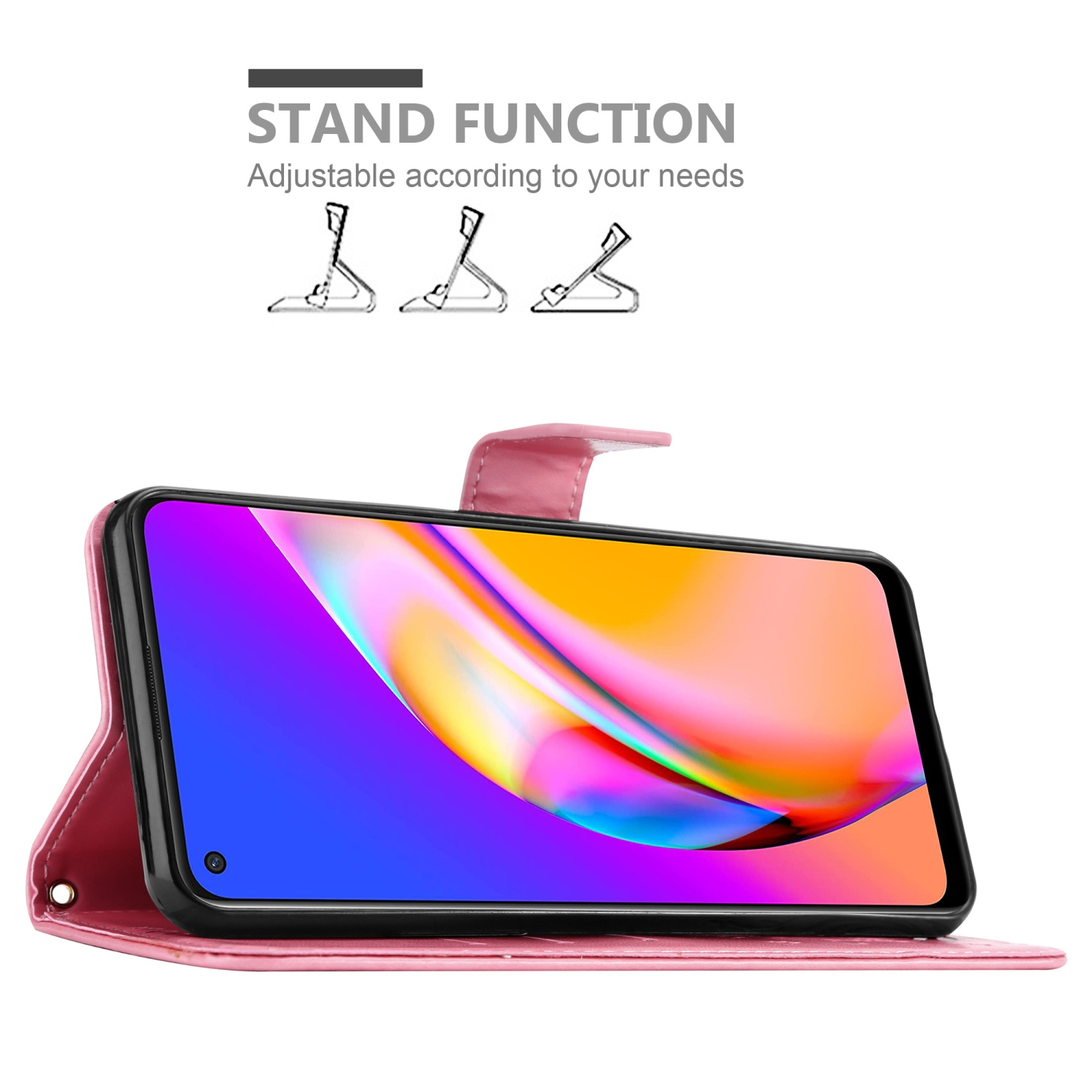Custodia per telefono rosa con telefono all'interno. Lo schermo del telefono mostra un'immagine colorata.