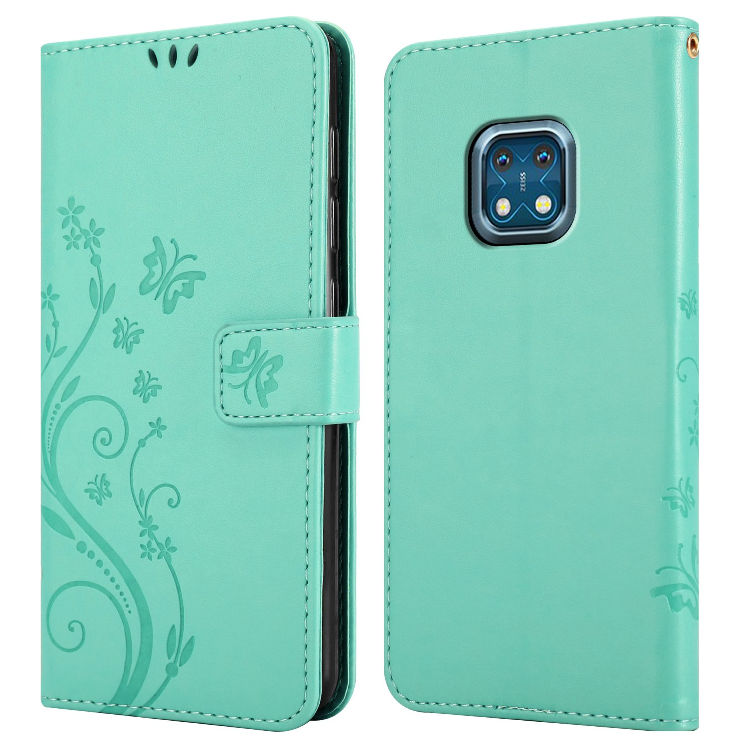 Custodia per telefono in due parti. Colore verde menta. Design floreale a sinistra. La fotocamera del telefono è visibile a destra.