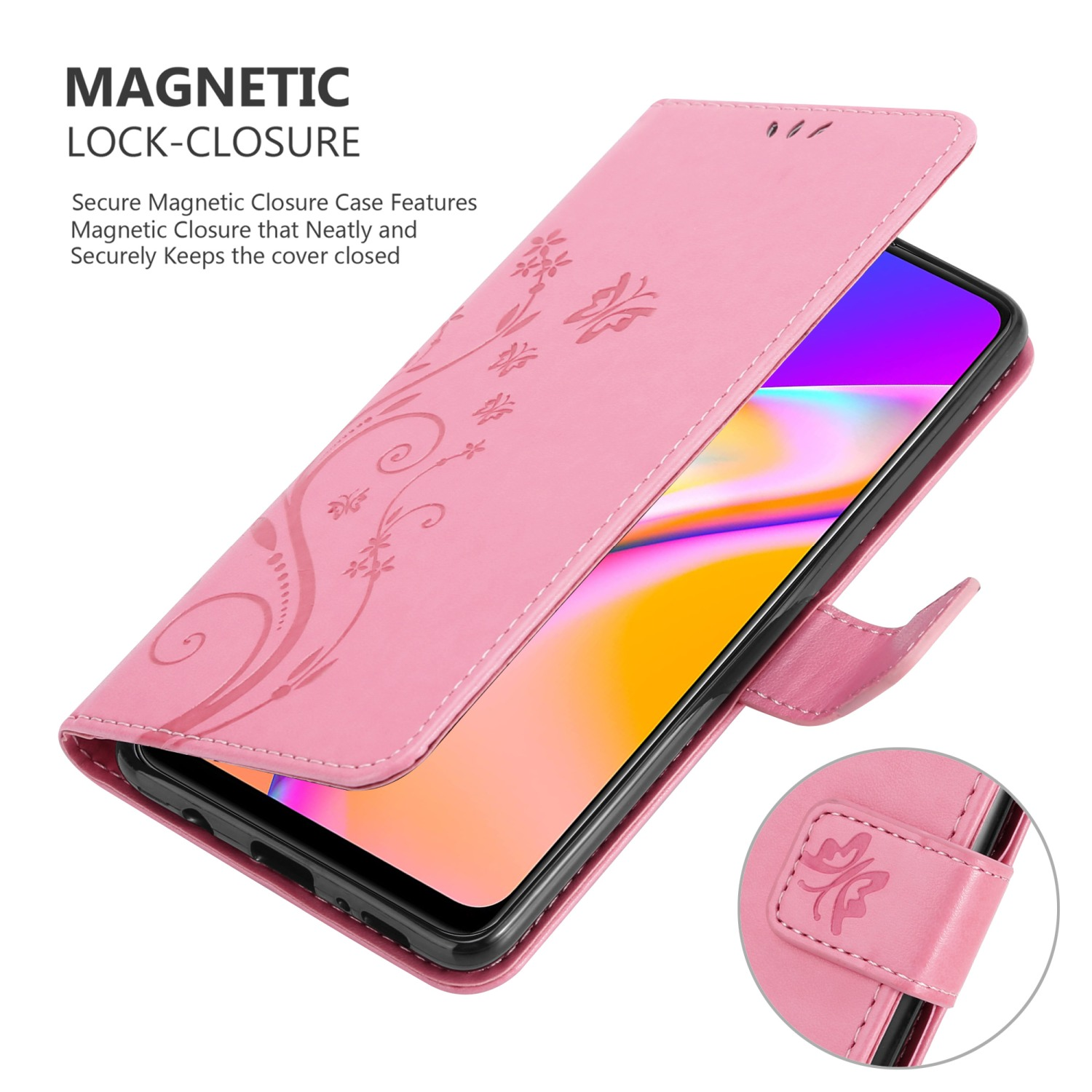 Custodia per telefono rosa con design floreale, aperta. È visibile una chiusura magnetica. Viene mostrato lo schermo del telefono.