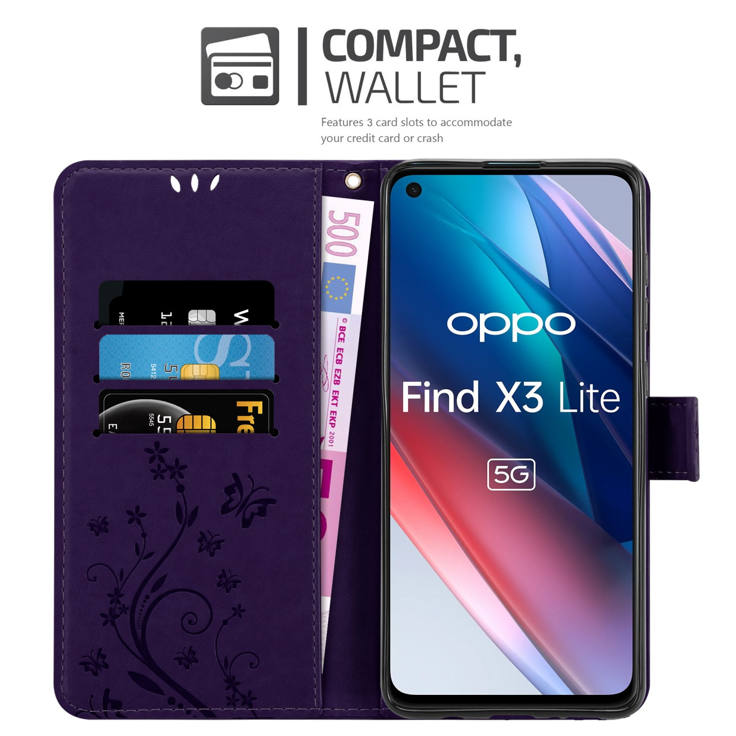 Custodia viola aperta con carte, contanti e telefono che mostra Oppo Find X3 Lite. Testo: Portafoglio.