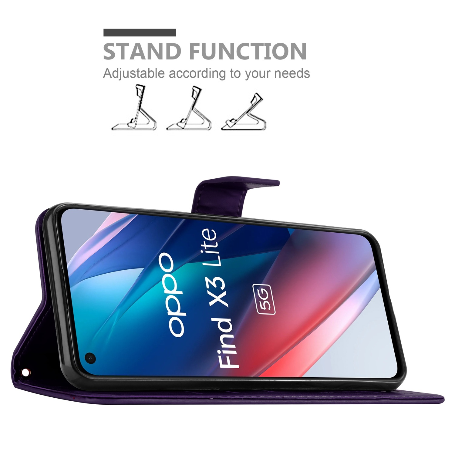 Custodia viola con telefono. Testo: Funzione supporto.