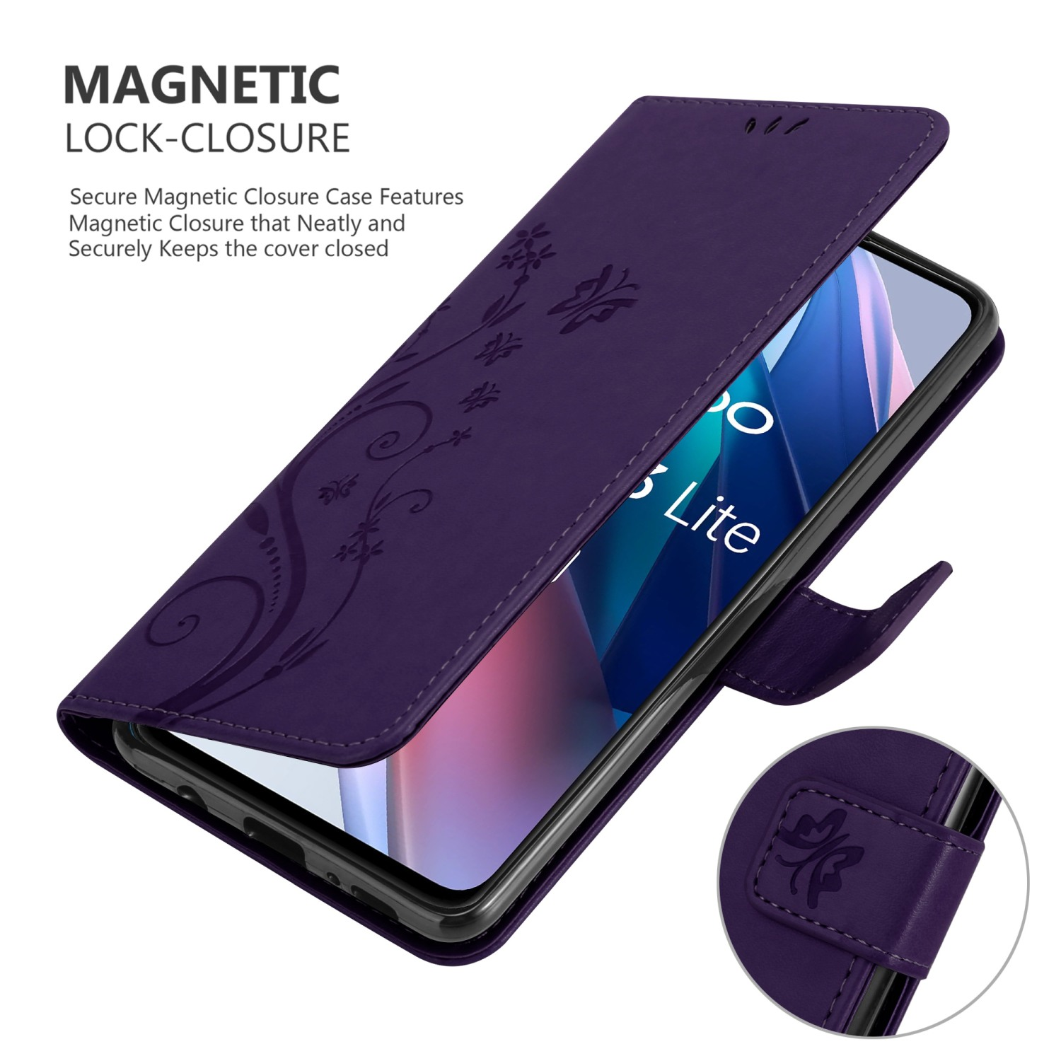 Custodia per telefono viola aperta con telefono dentro, design floreale, chiusura magnetica mostrata.