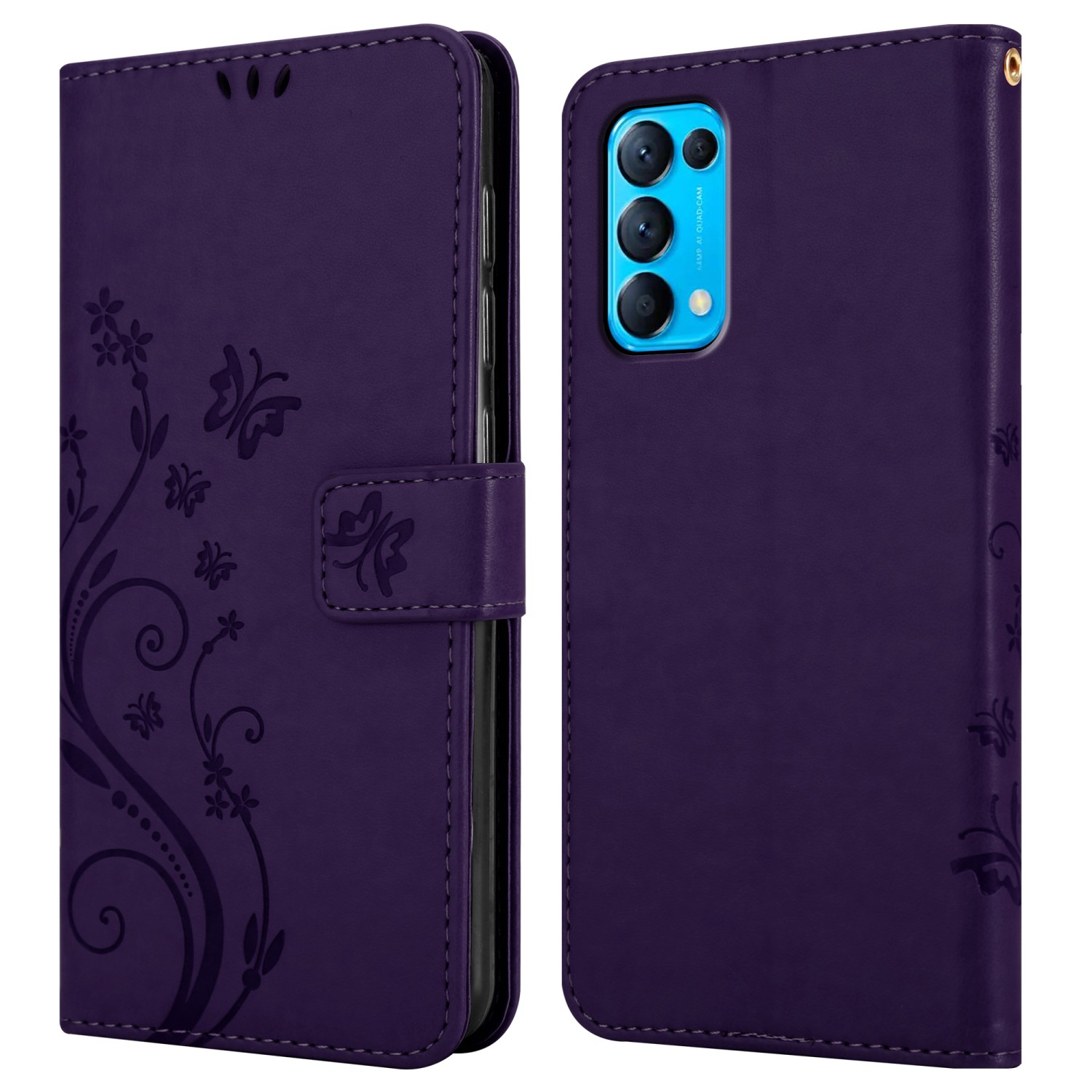 Una custodia per telefono viola è mostrata aperta e chiusa. La custodia è decorata con motivi floreali.