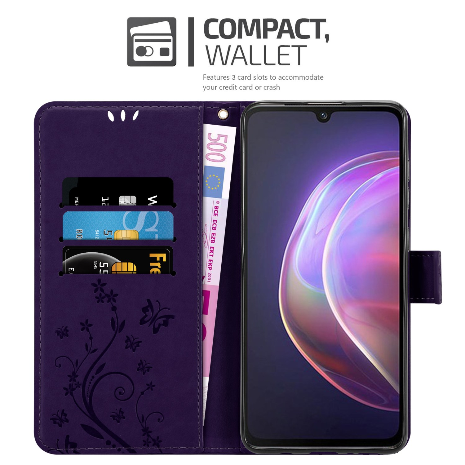 Custodia per telefono viola con fessure per carte e un telefono con interfaccia sullo schermo, su sfondo bianco.
