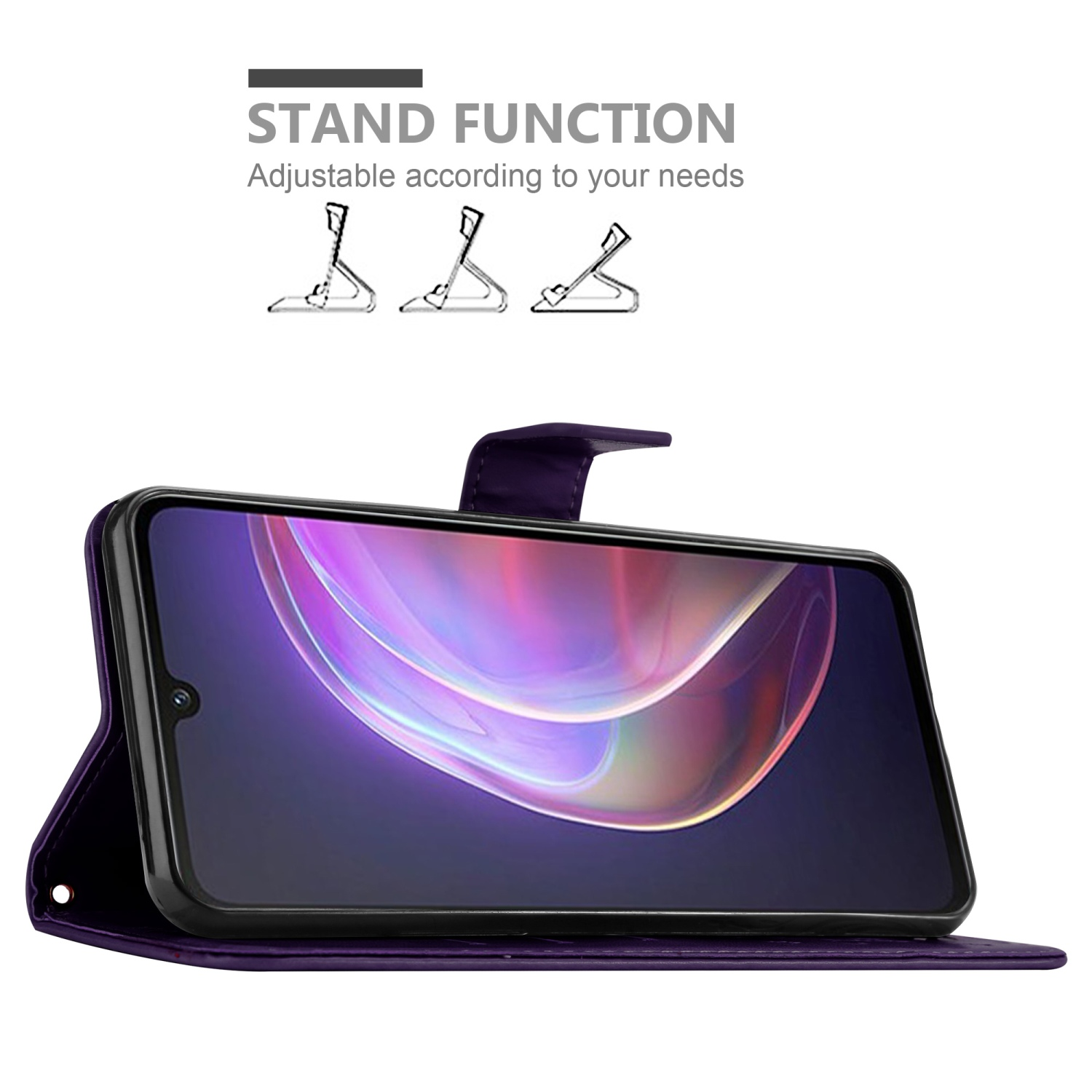 Custodia per telefono viola aperta con un telefono. Funzione supporto mostrata. Schermo del telefono visibile.
