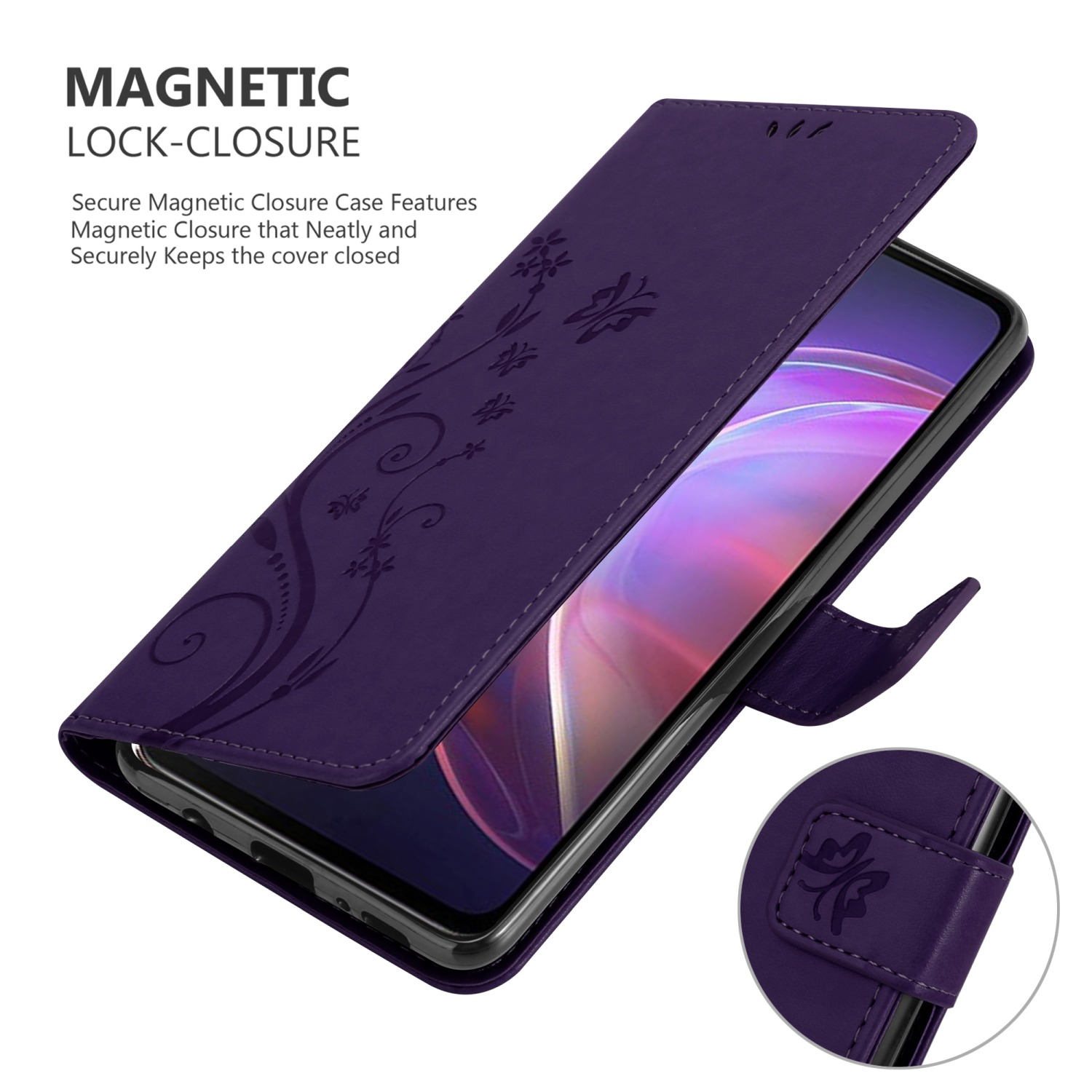 Custodia per telefono viola, aperta, che rivela il telefono. Design floreale. Chiusura magnetica visibile.