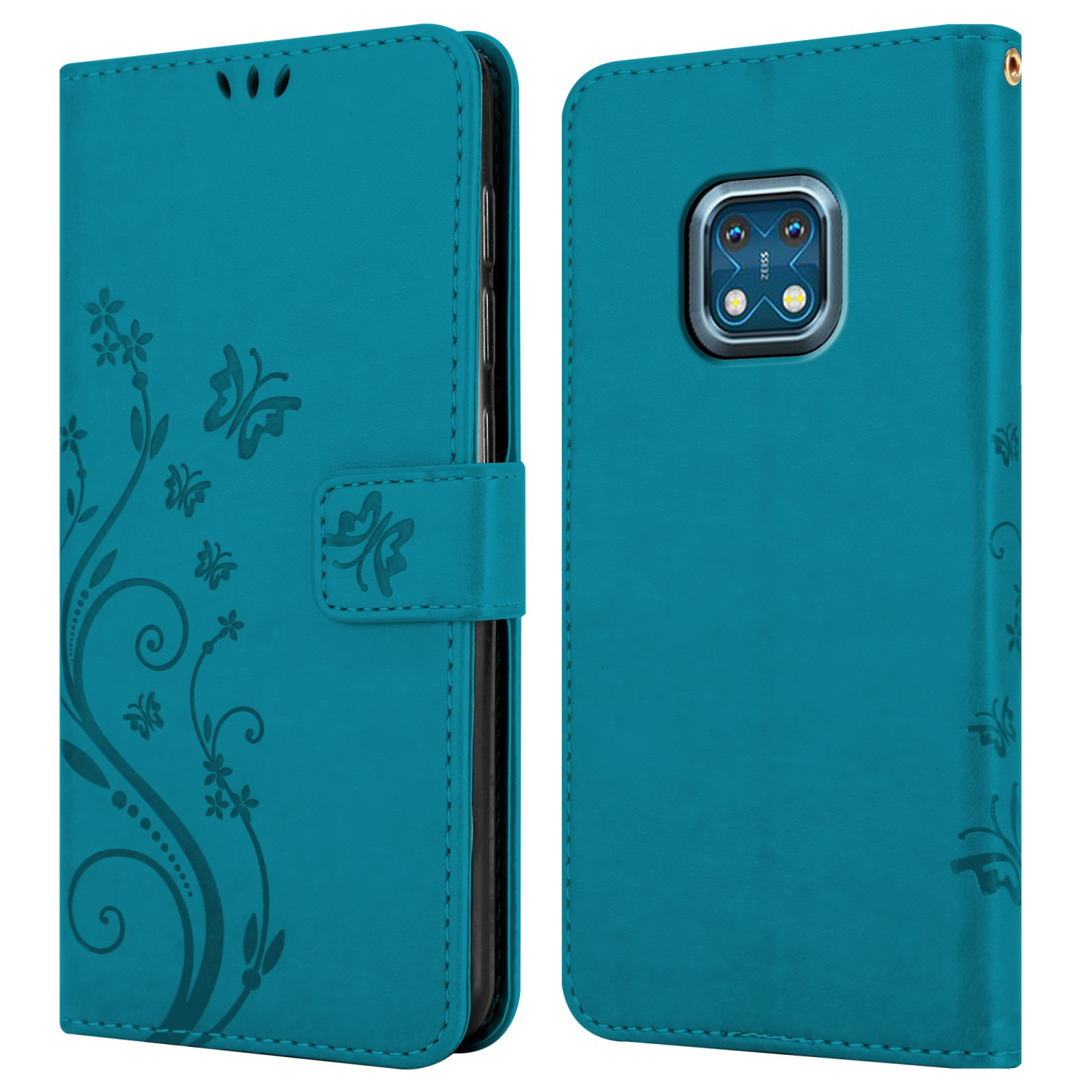 Custodia per telefono verde acqua aperta, con telefono all'interno. Motivi a farfalla sulla copertina.