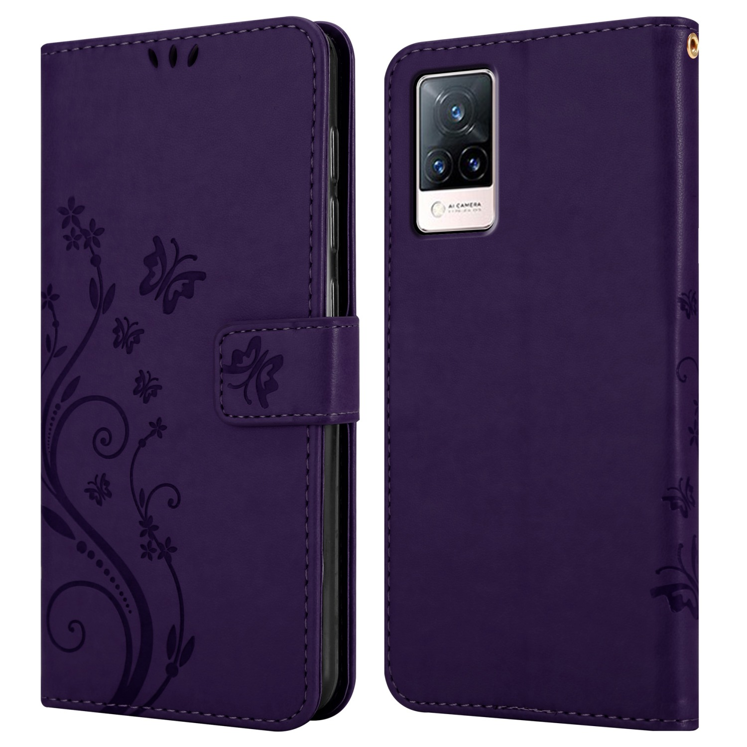Custodia viola per telefono, aperta, con design floreale a farfalle, chiusura magnetica e dettagli di cucitura.
