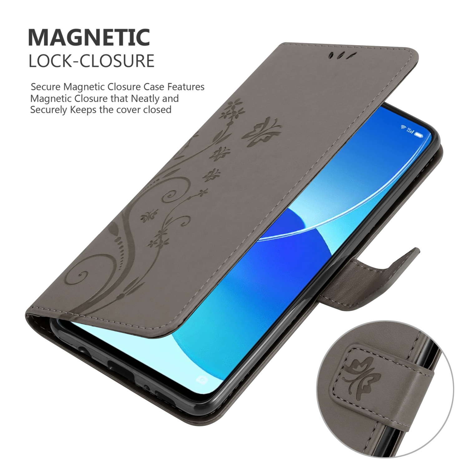Una custodia per telefono grigia, che mostra un telefono all'interno, un design floreale e una farfalla.