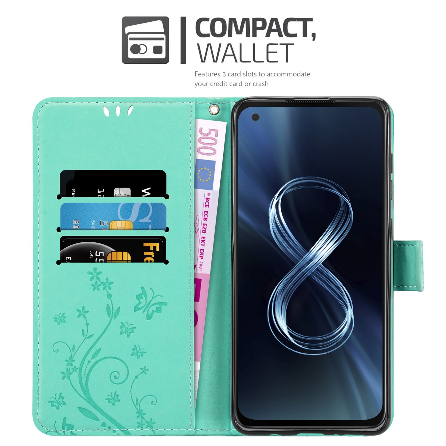 Custodia per telefono verde acqua aperta, con fessure per carte, scomparto per denaro e telefono con simbolo infinito.