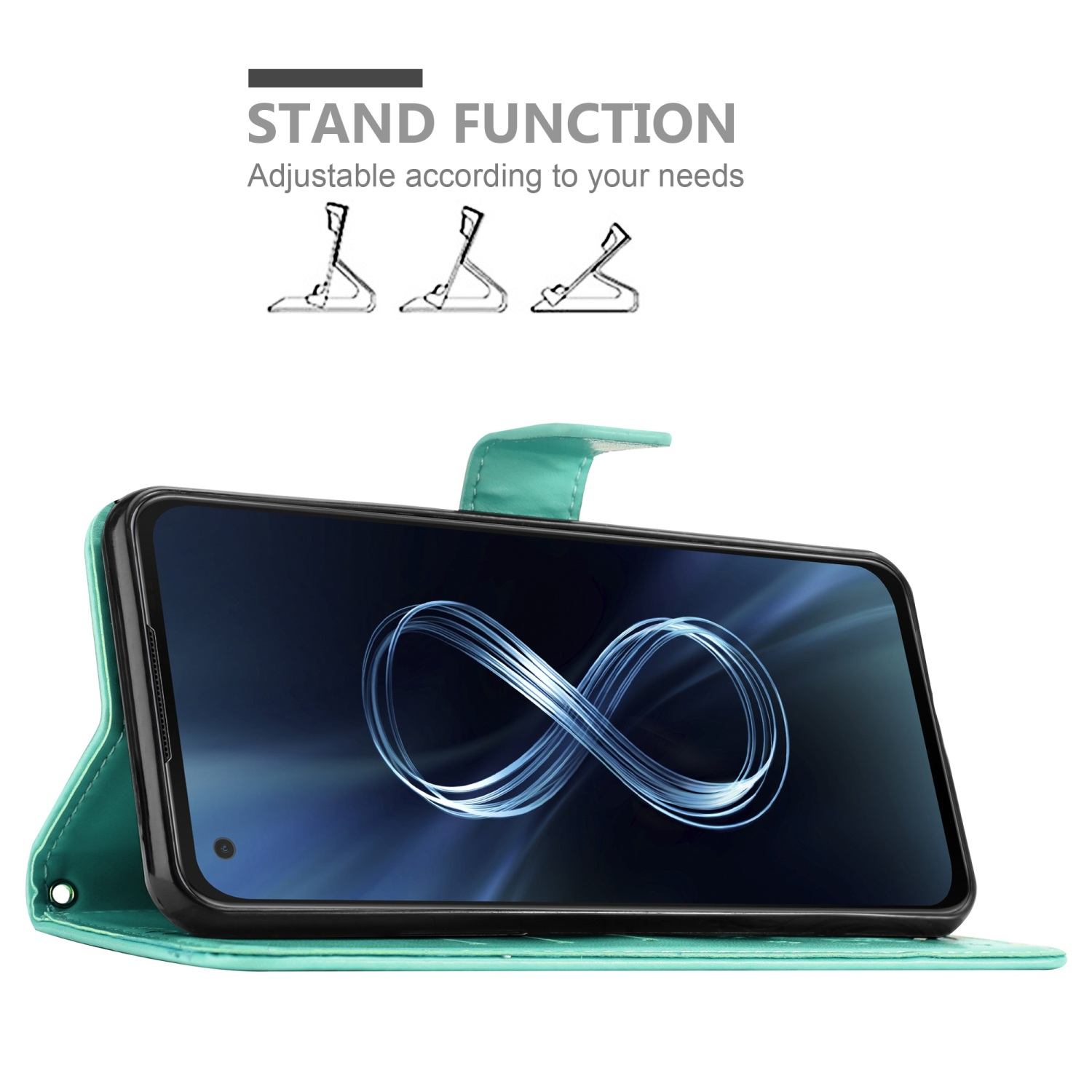Custodia per telefono verde acqua aperta, schermo del telefono visibile. Funzione supporto con 3 posizioni diverse.