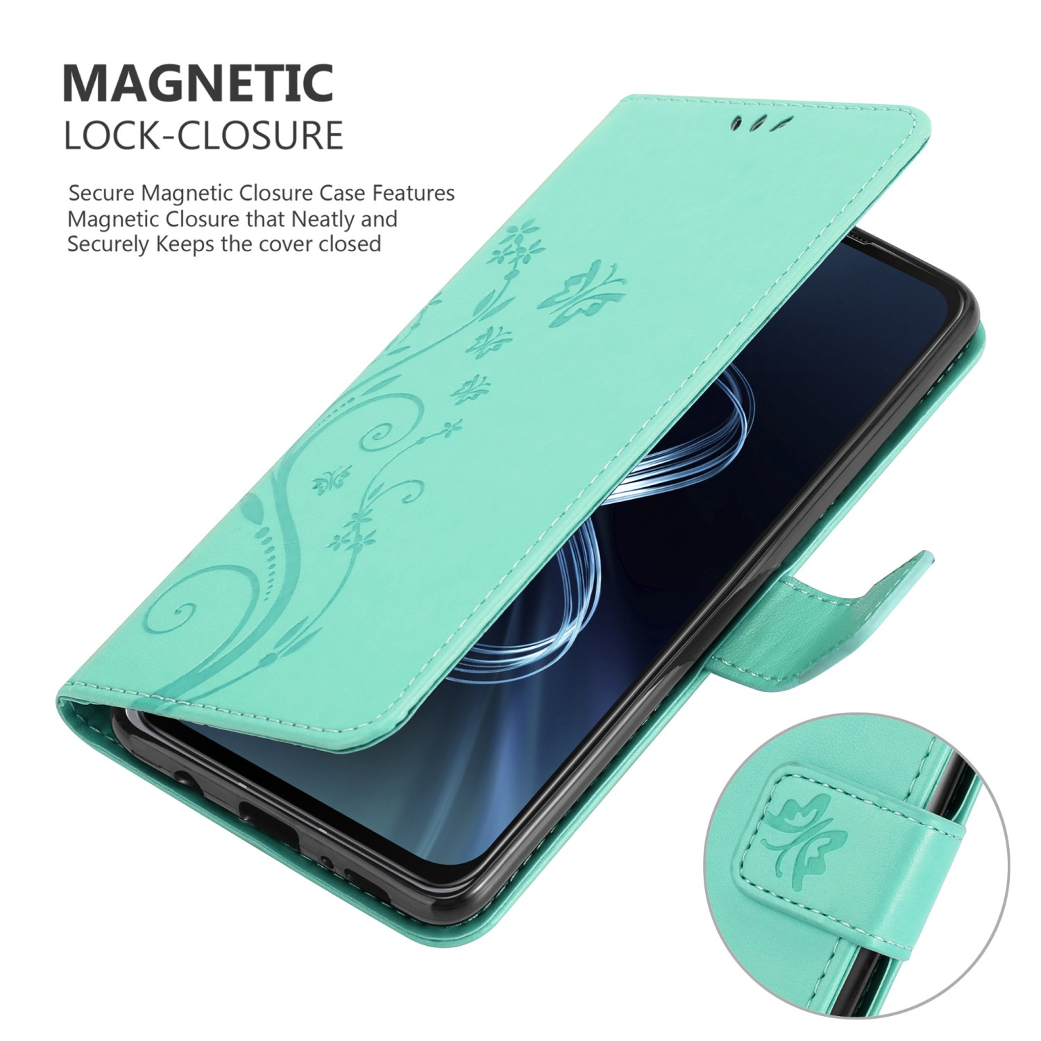 Custodia per telefono aperta con un design floreale sulla cover, che mostra il telefono con un fermaglio.
