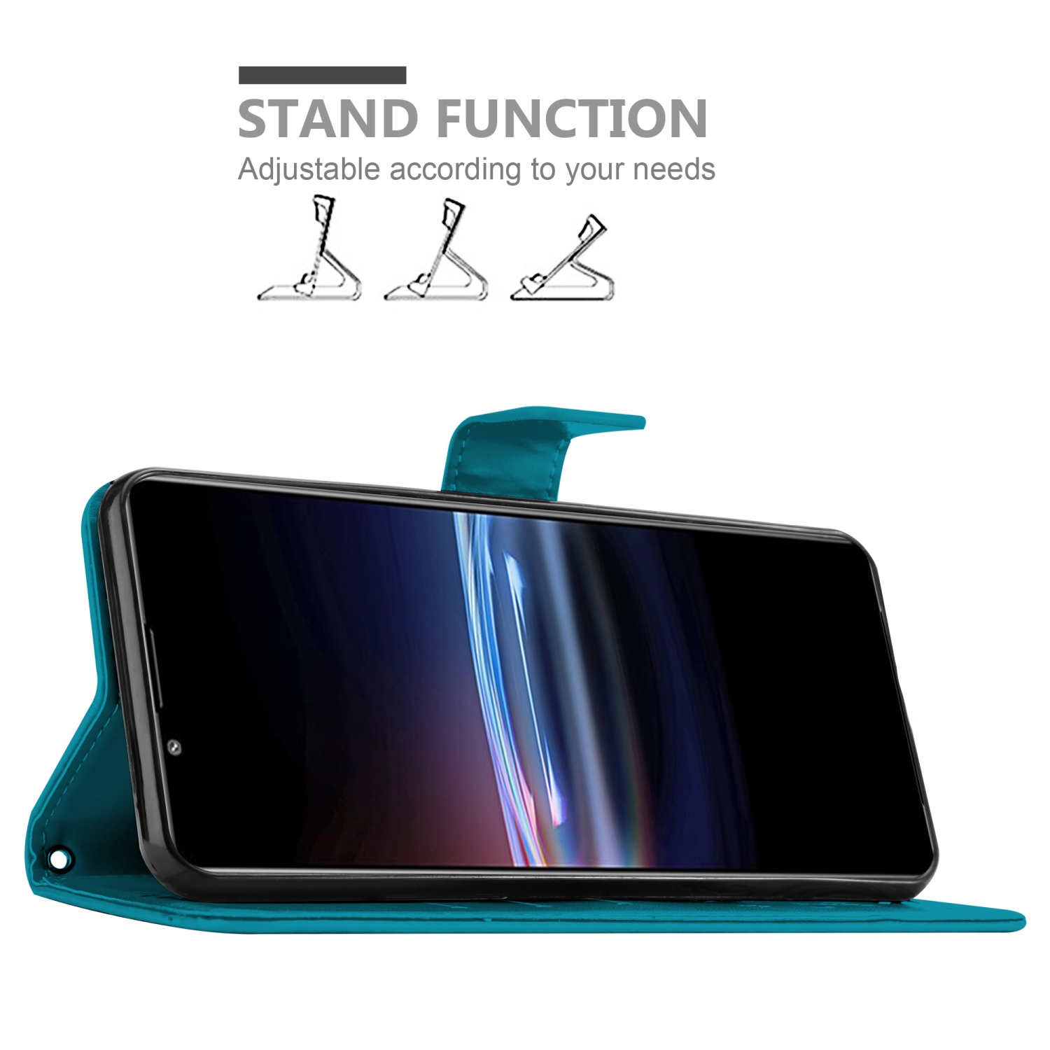 Custodia verde acqua in posizione stand. Schermo del telefono visibile.
