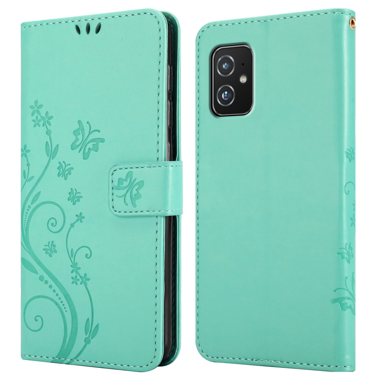 Due custodie per telefono verde acqua. Una aperta, una chiusa, con design floreale su entrambe.