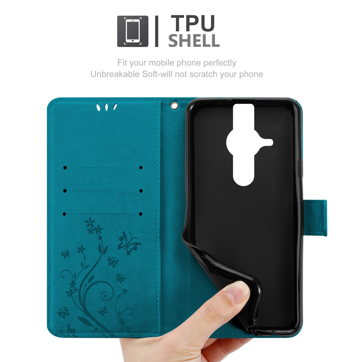 Custodia turchese aperta, rivela telefono. Il telefono è tenuto da una mano, design floreale.