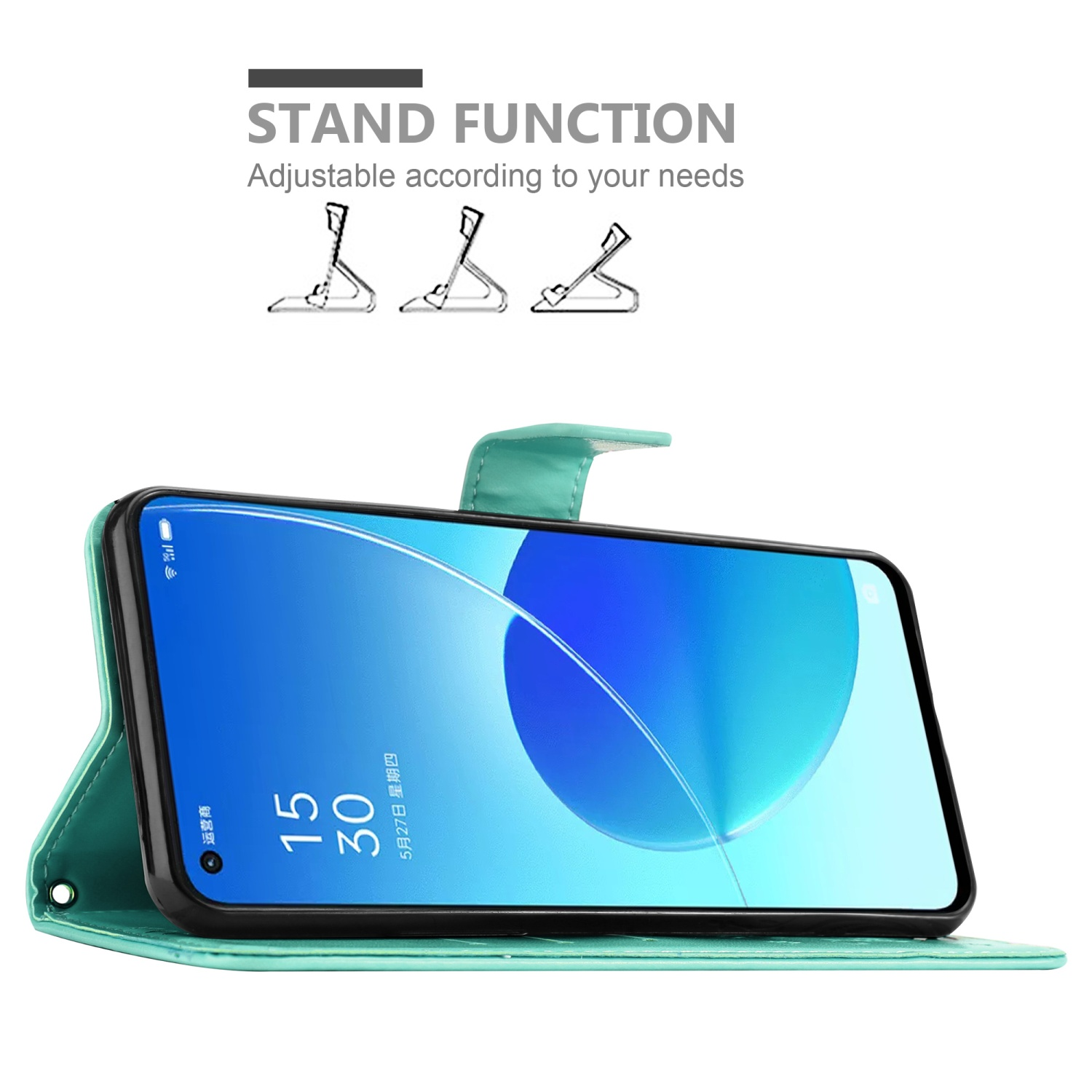 Custodia per telefono verde acqua con un telefono che mostra un display blu con la data. Illustrazioni di supporti in alto.