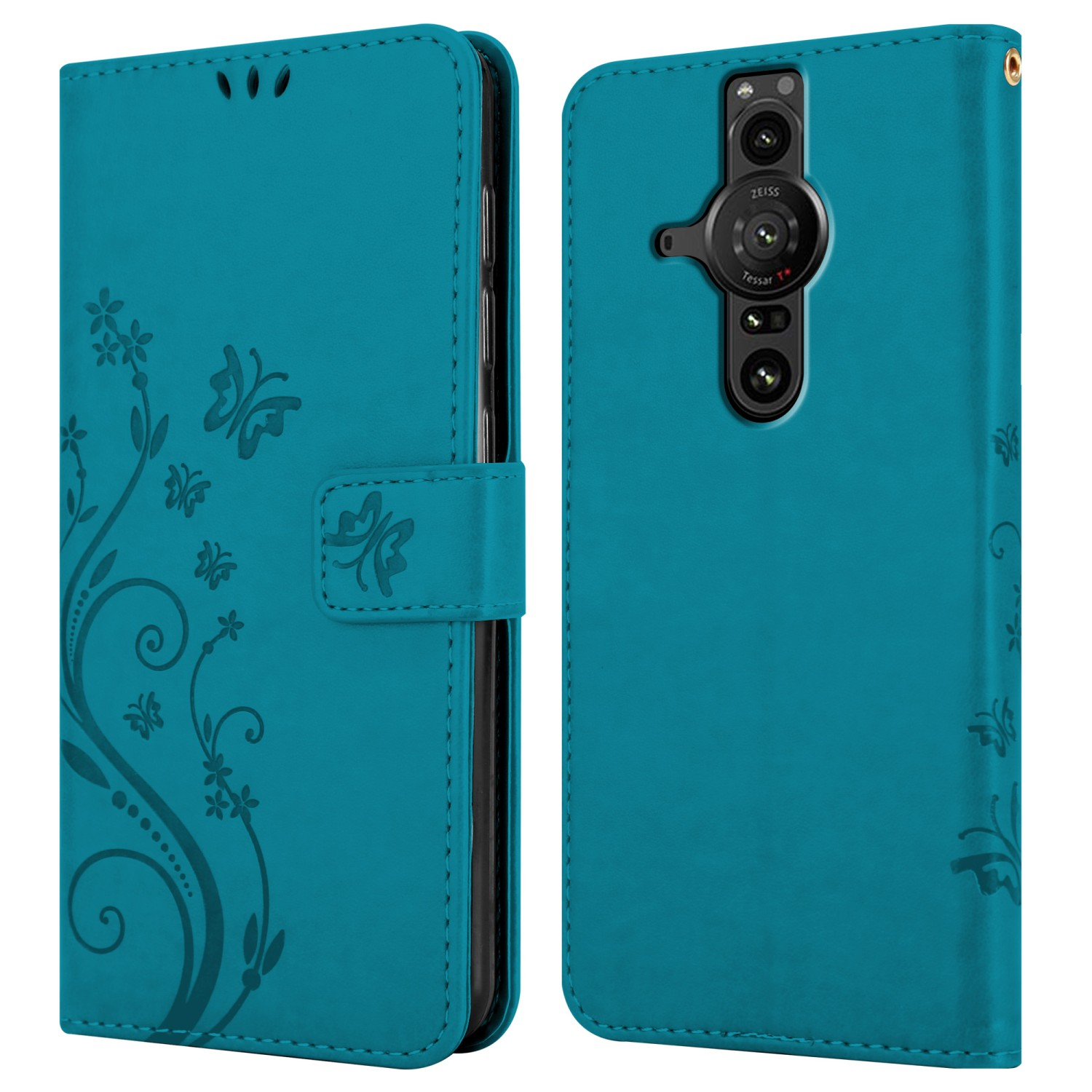 Custodia turchese con design floreale. Custodia aperta che mostra i dettagli della fotocamera del telefono.