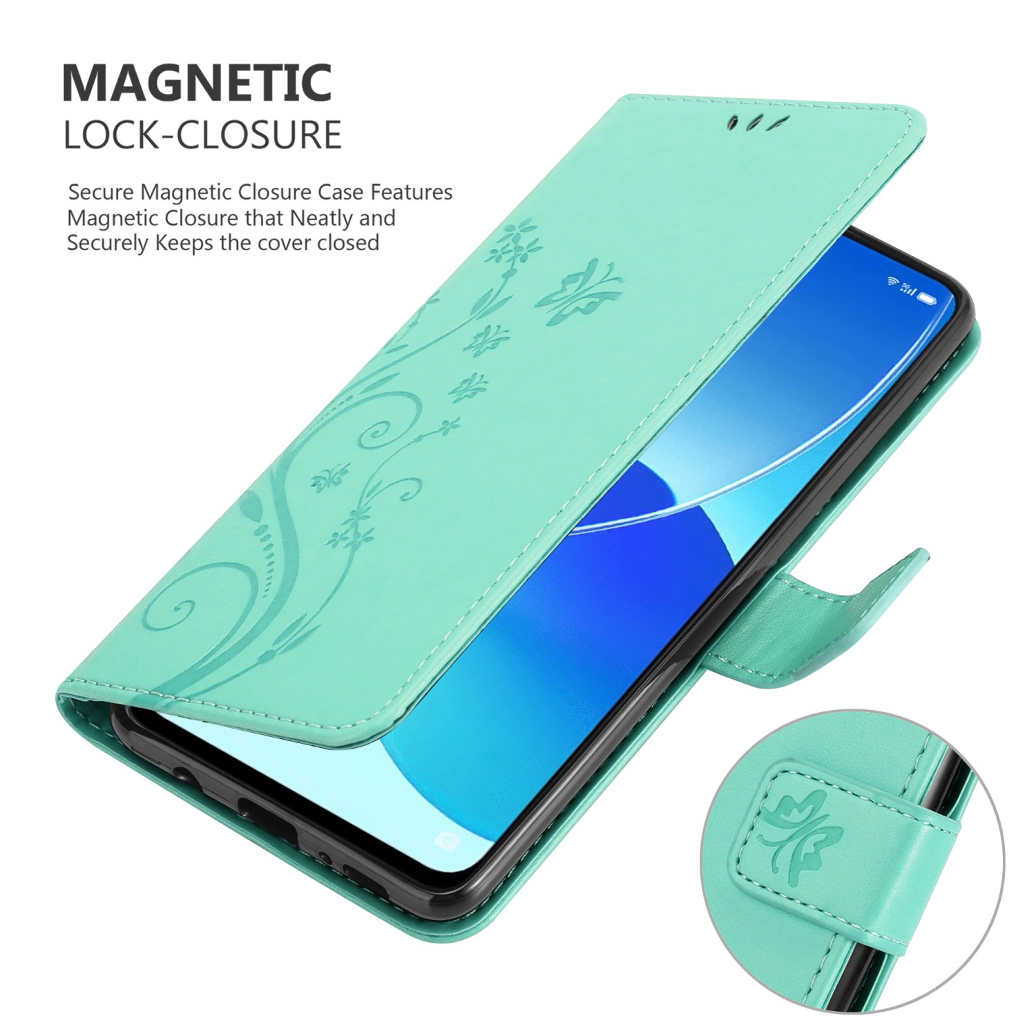Una custodia per telefono turchese con un motivo floreale è aperta, rivelando un telefono. Viene mostrato anche un piccolo dettaglio della chiusura.