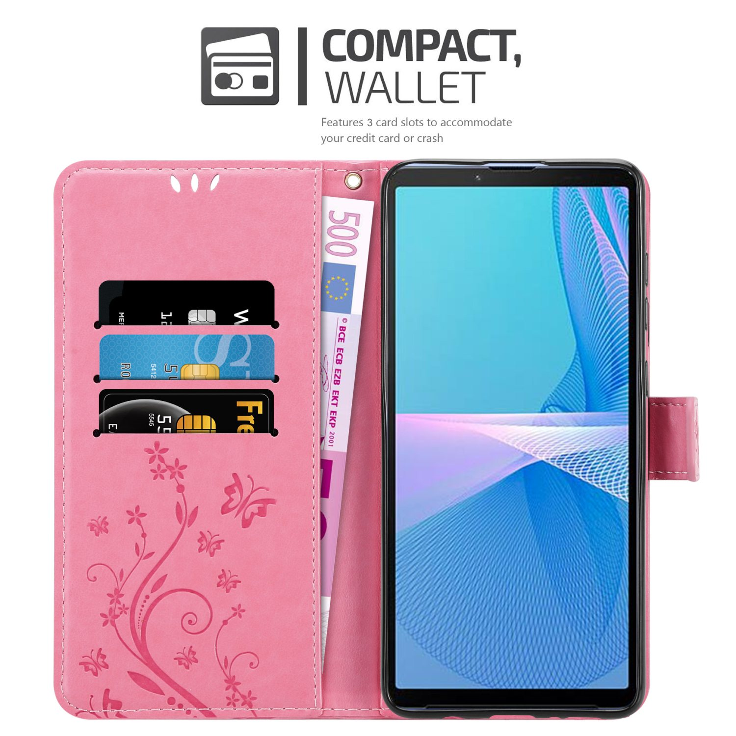 Custodia per telefono rosa aperta con fessure per carte e denaro. Telefono nella custodia, schermo visibile.