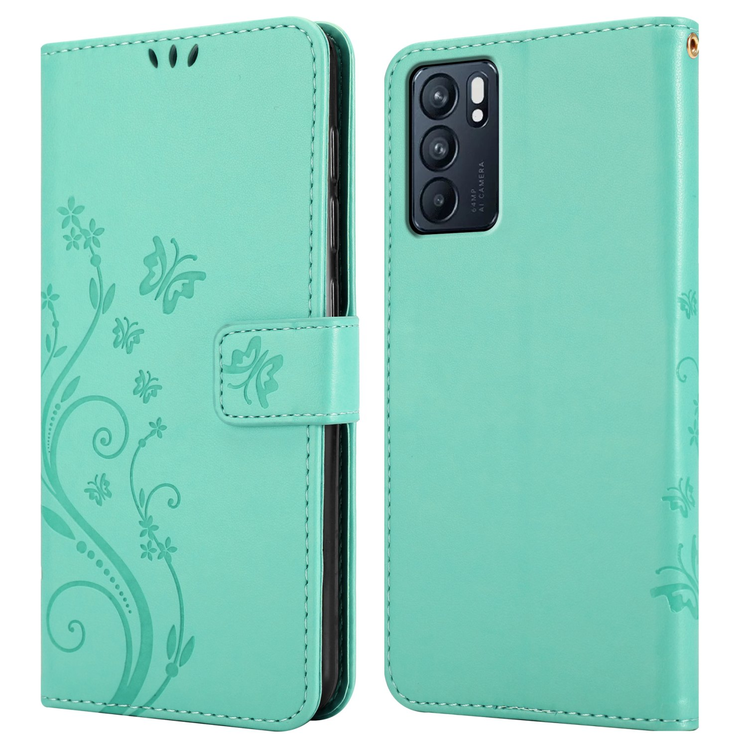 Custodia verde menta, aperta. Telefono visibile. Design floreale. Testo: 64MP e modello.