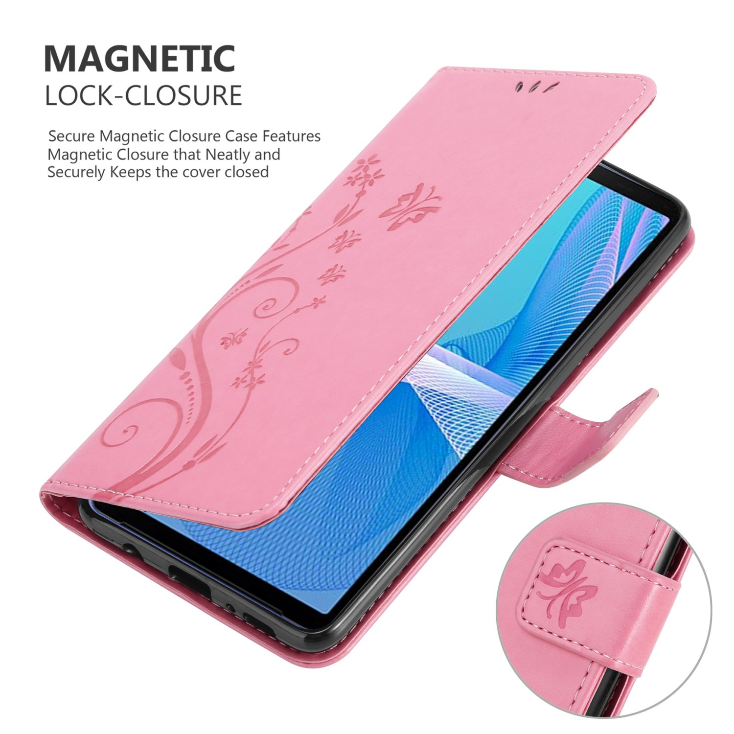 Custodia rosa per telefono aperta. Telefono all'interno, design floreale sulla custodia. Chiusura magnetica con patta.