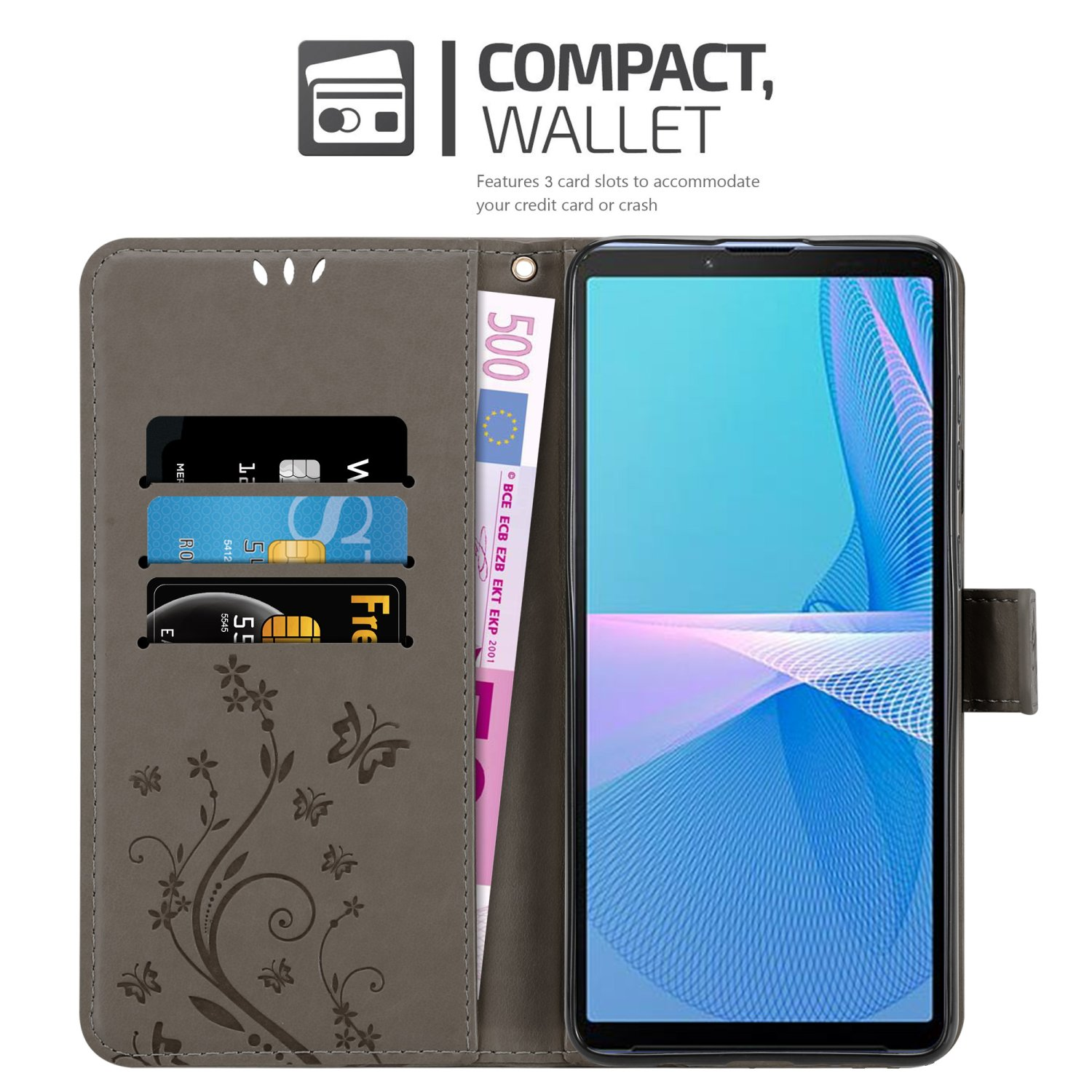 Portafoglio per telefono grigio, aperto, che mostra carte e contanti. Design floreale e farfalla.