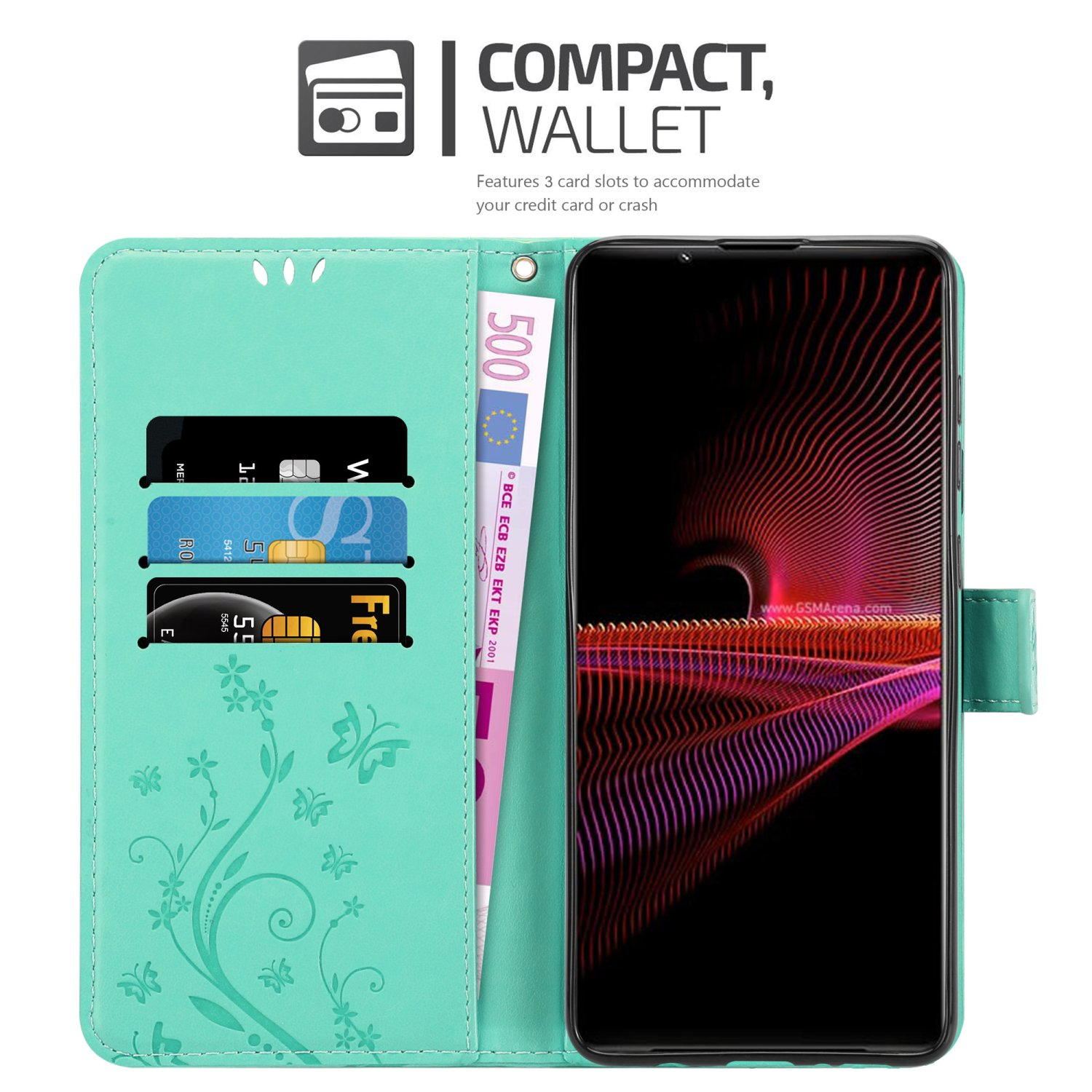 Custodia teal aperta con telefono, carte e denaro all'interno. Testo: Portafoglio compatto.