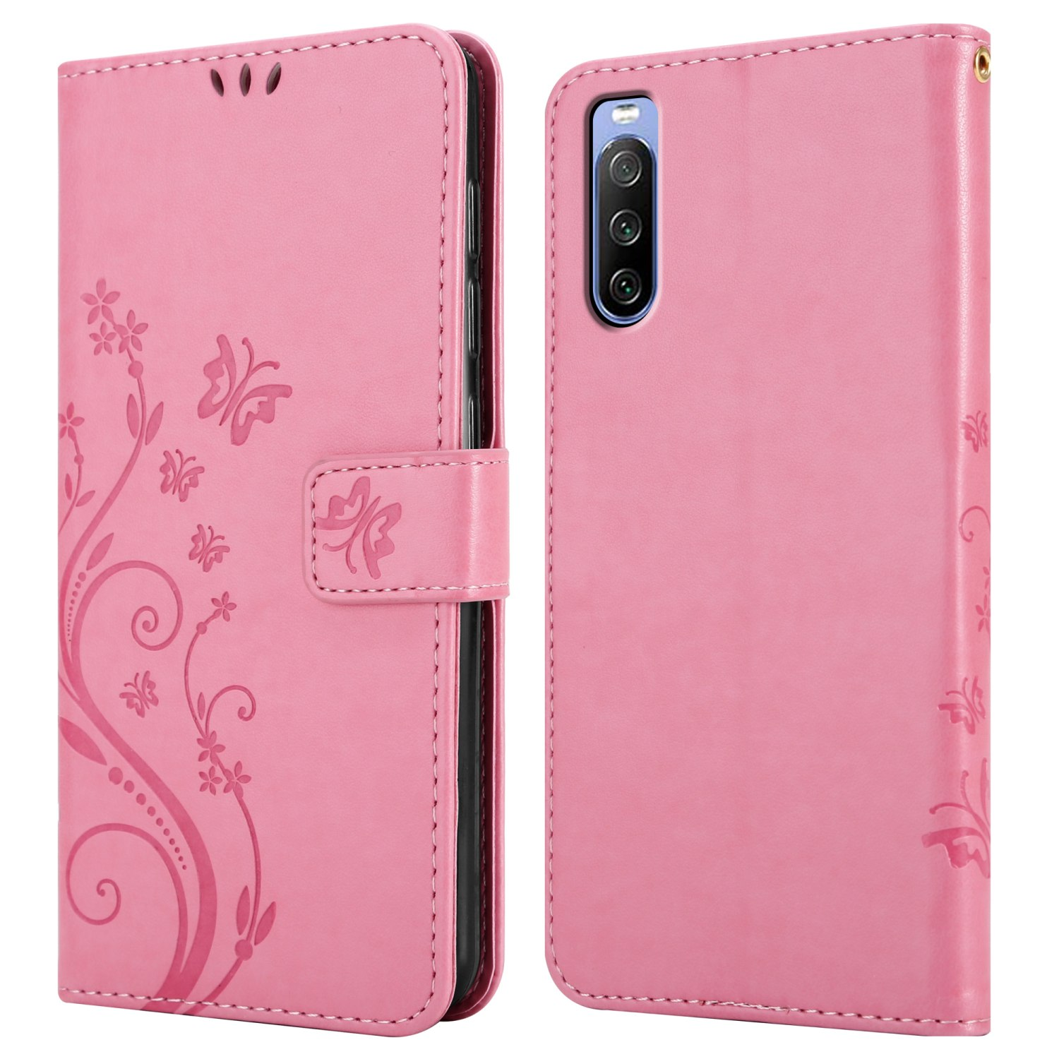 Custodia rosa con design floreale, aperta. Telefono all'interno. Il lato destro della custodia è aperto.