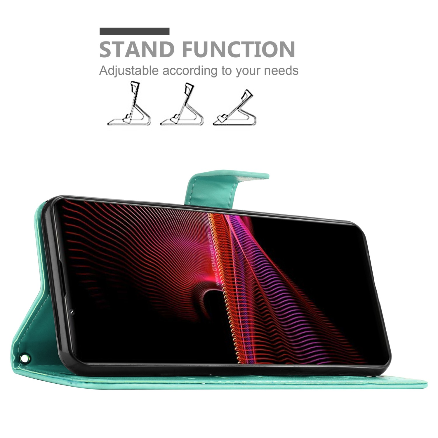 Custodia telefono verde acqua, aperta, schermo visibile. Funzione supporto con diagrammi regolabili.