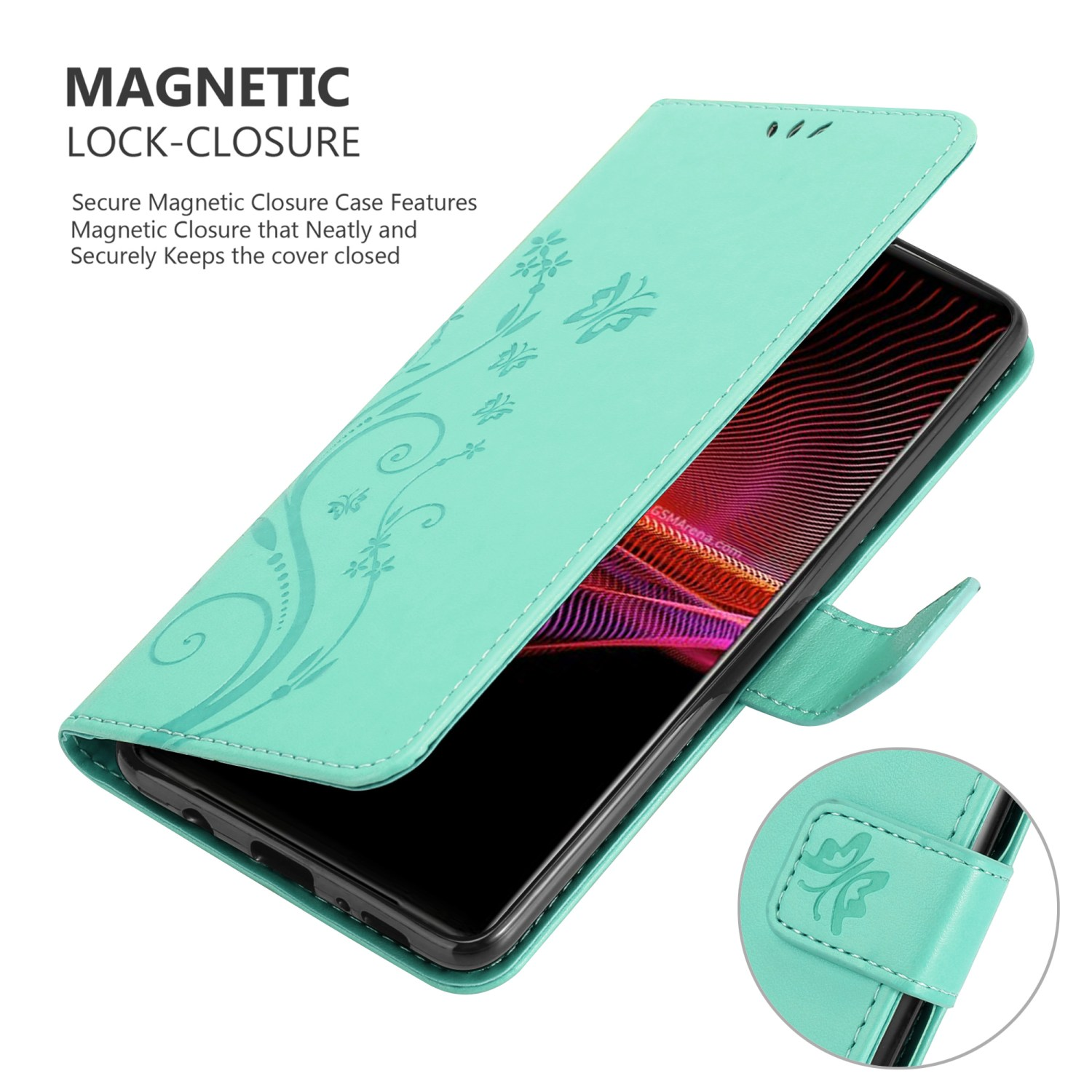 Custodia per telefono turchese aperta con design floreale. All'interno un telefono nero. Su sfondo bianco.