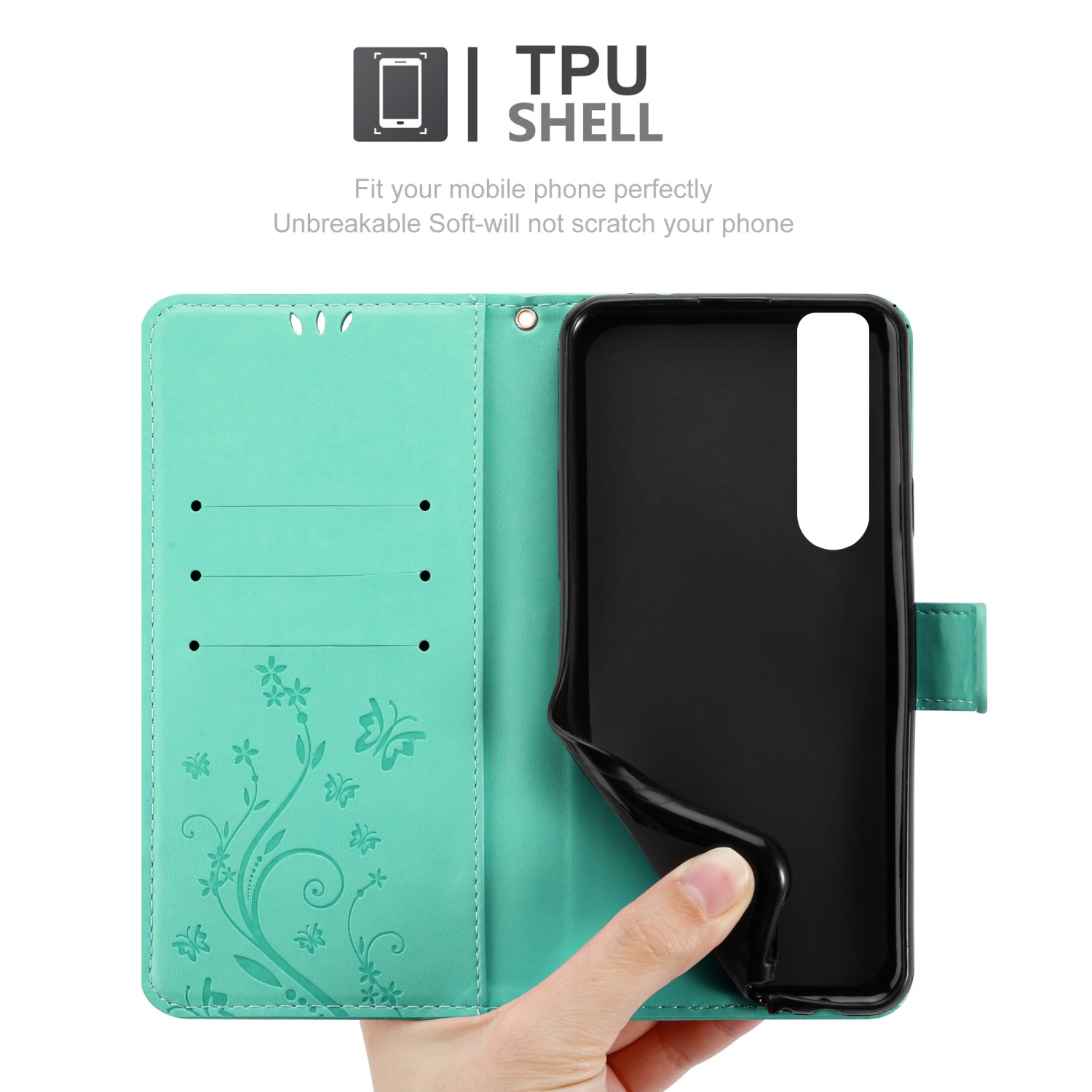 Custodia verde acqua per telefono, aperta, che rivela un telefono. Testo: TPU SHELL. Una mano tiene il telefono. Il motivo floreale è visibile.