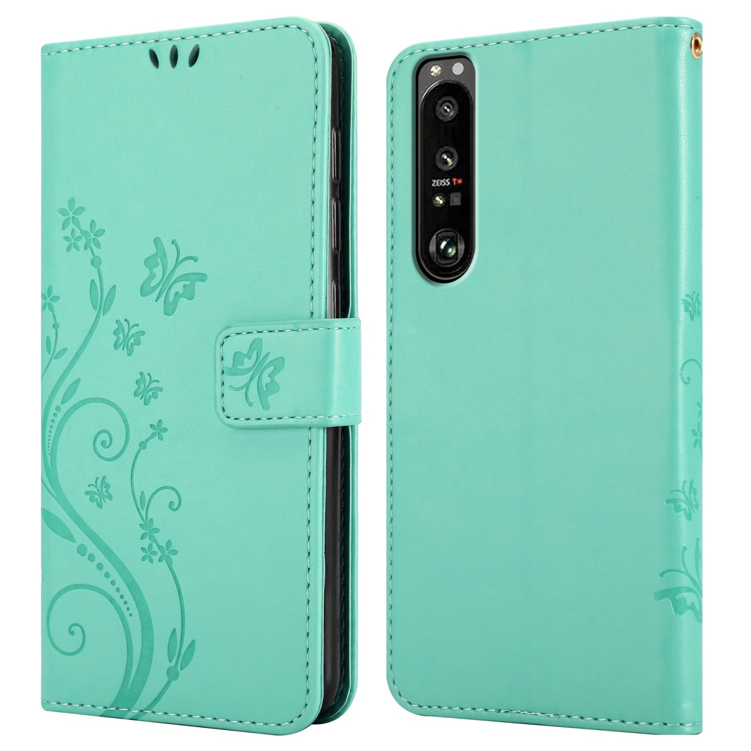 Custodia per telefono verde acqua con telefono all'interno. Presenta un design floreale e farfalle.