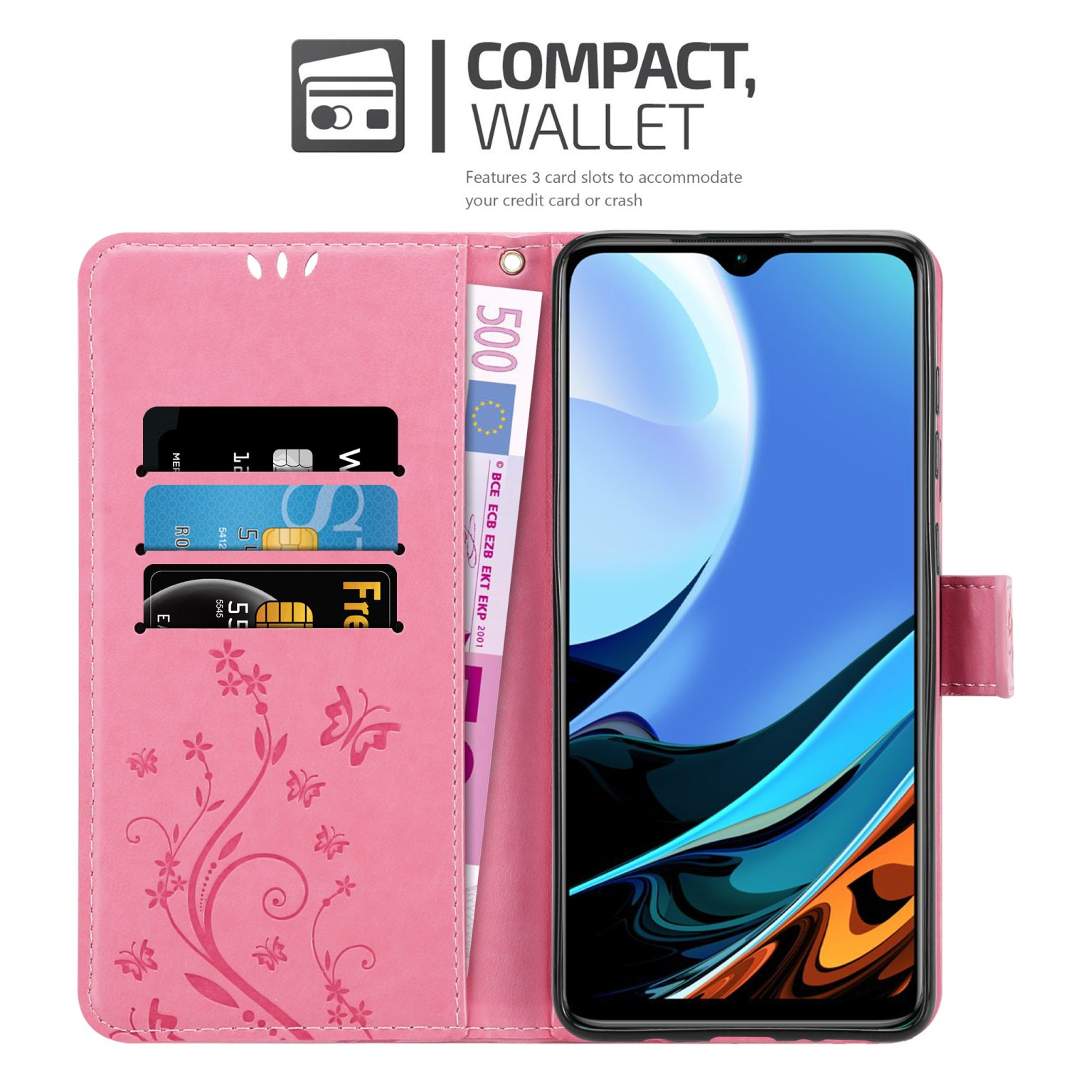 Custodia per telefono rosa aperta, che mostra carte, denaro e telefono.