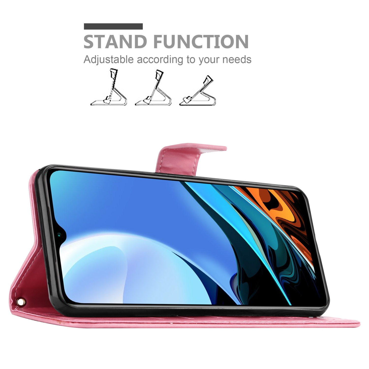 Custodia per telefono rosa con un telefono all'interno, sollevata per mostrare la funzione di supporto.