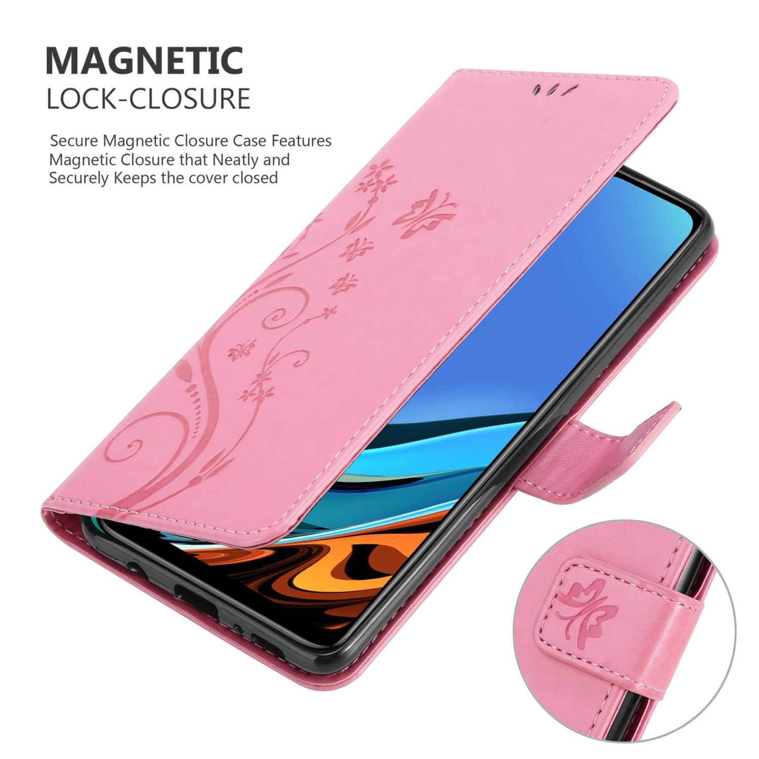 Custodia rosa per telefono con design floreale e aperta per rivelare un telefono.